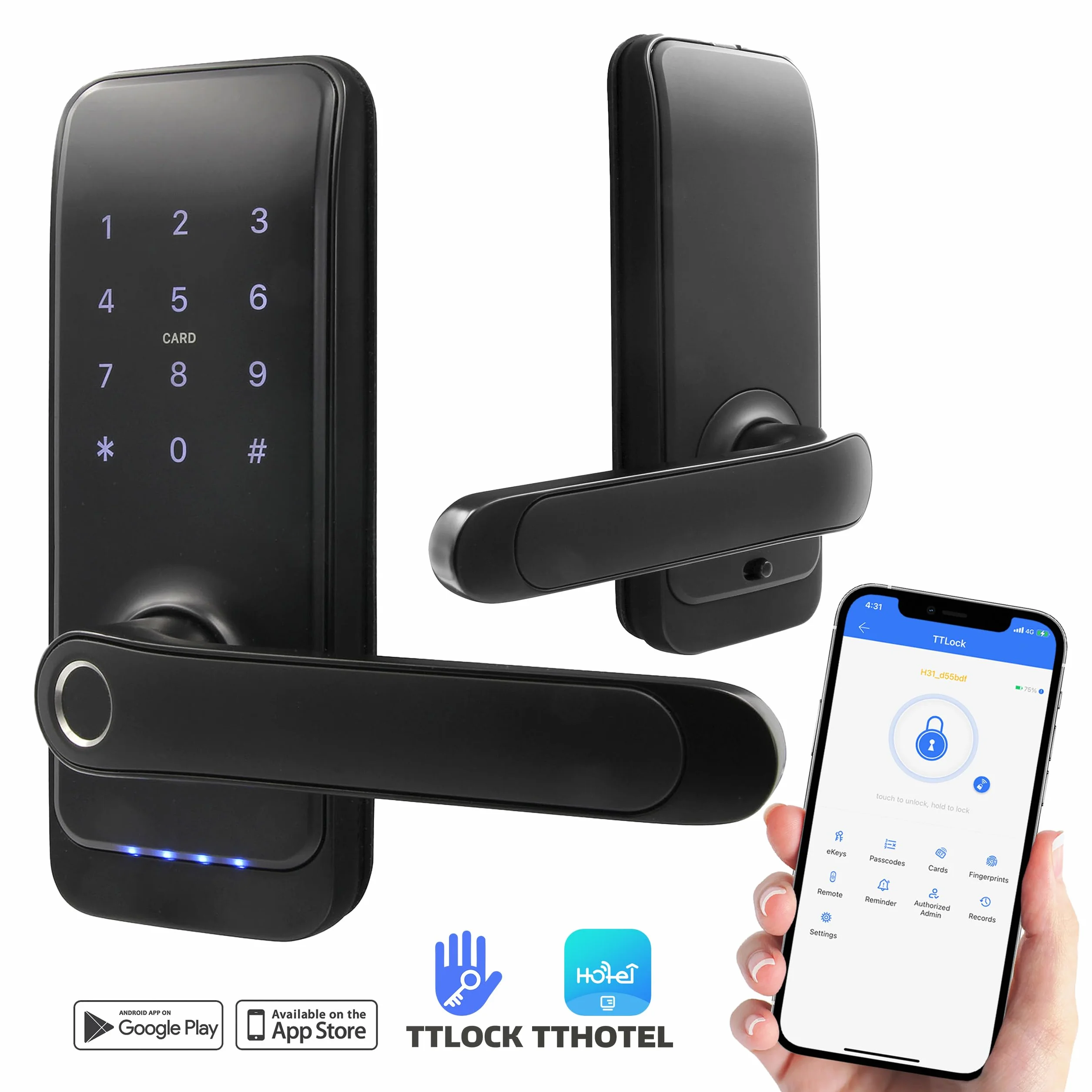 EURA ELH-01H4 inteligentny zamek do drzwi z uchwytem, zamek kodowy, czytnik zbliżeniowy 13,56 MHz, czytnik biometryczny, aplikacja TTLock/TTHotel, IP65, uniwersalny odstęp rygli, czarny