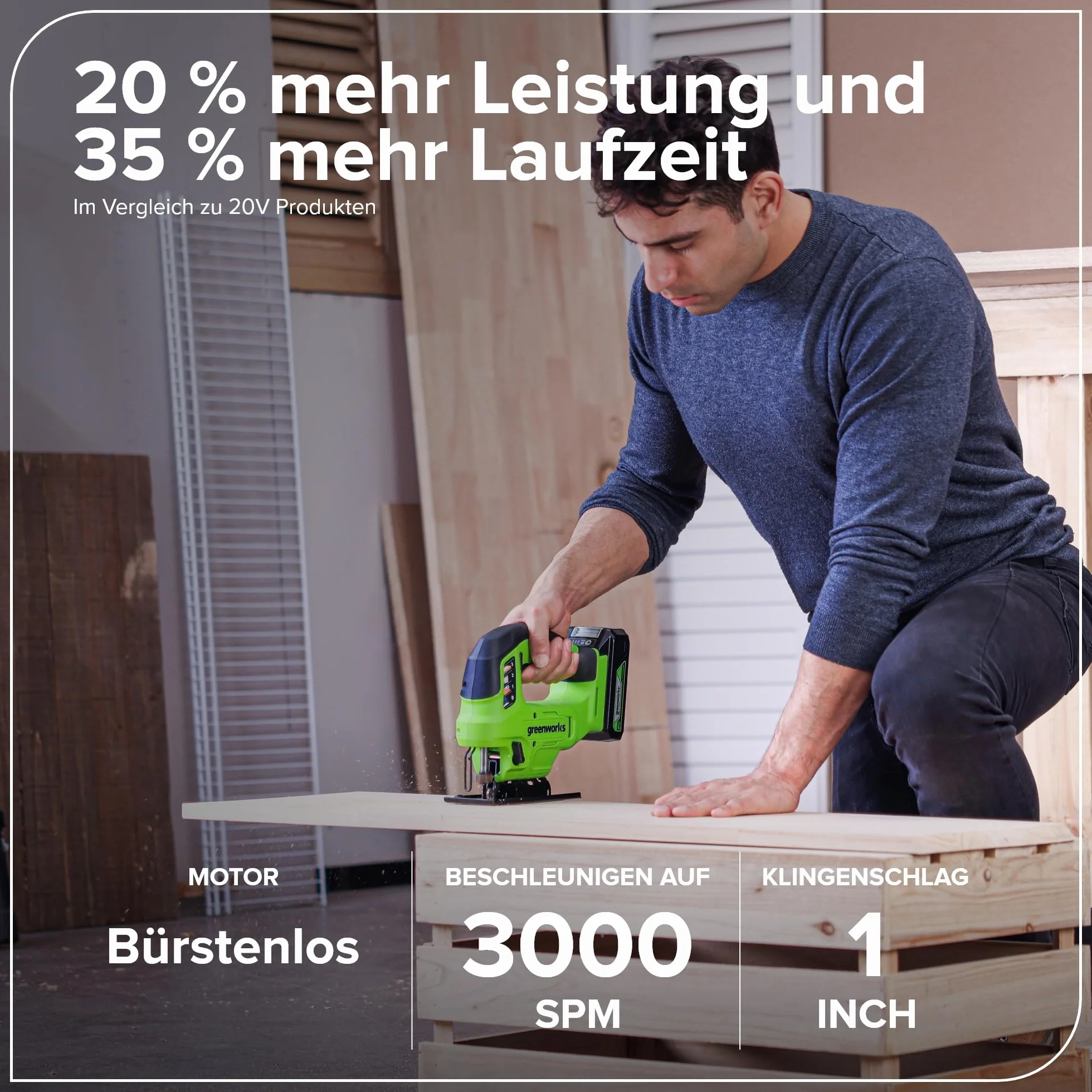 Greenworks 24 V akumulatorowa wyrzynarka akumulatorowa, bezprzewodowa, 3000 spm, regulowana maks. do 45°, 4 ustawienia orbitalne, lampa LED, podłączenie odkurzacza, bez baterii 24 V i ładowarki