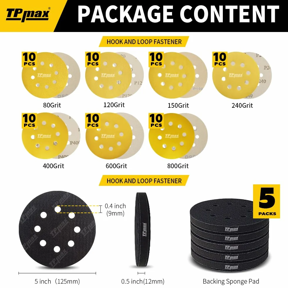 70 sztuk 125 mm 8 otworów ściernice zestaw 5 padów na rzep Soft Interface – okrągły papier ścierny premium do szlifierek mimośrodowych – ziarnistość mieszana 80, 120, 150, 240, 400, 600, 800