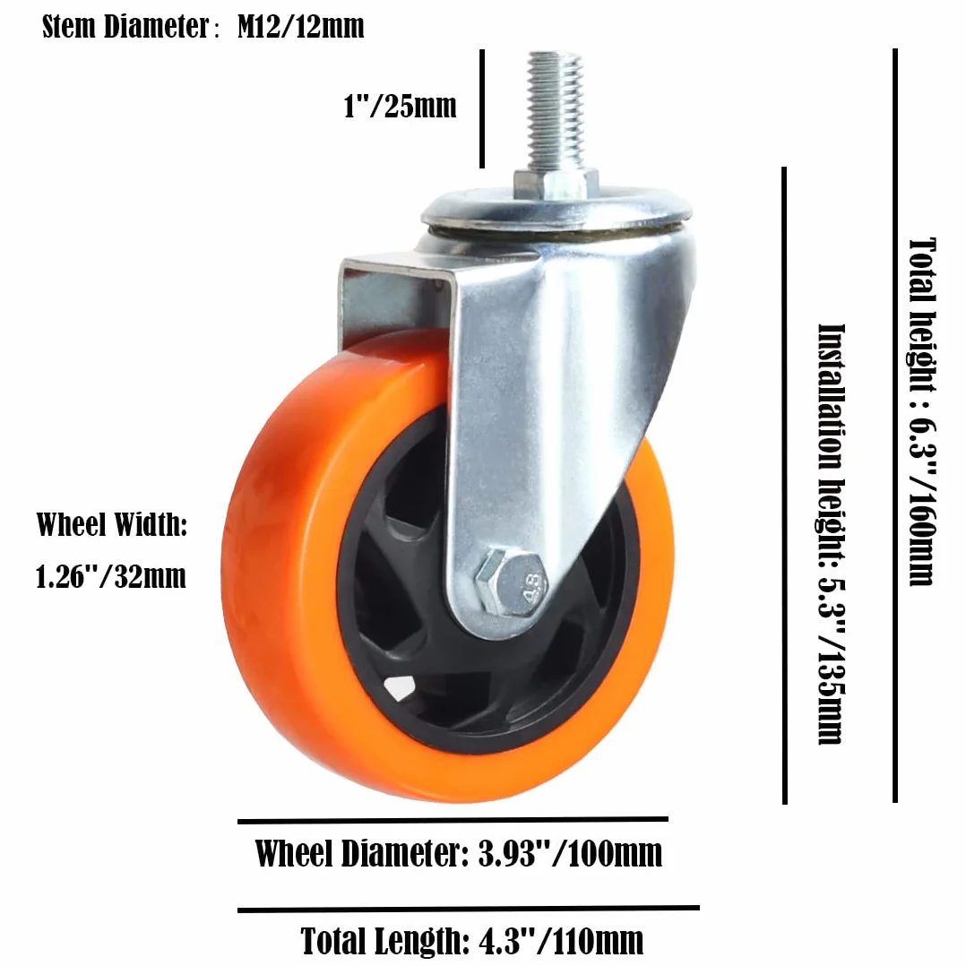 Wytrzymałe, obrotowe koła, 3-calowe żółte kółka z trzpieniem metrycznym M12-1,75x25 mm, podwójne hamulce, kółka bezpieczne do 1200 funtów/zestaw do przemysłu i mebli, zestaw 4 szt.
