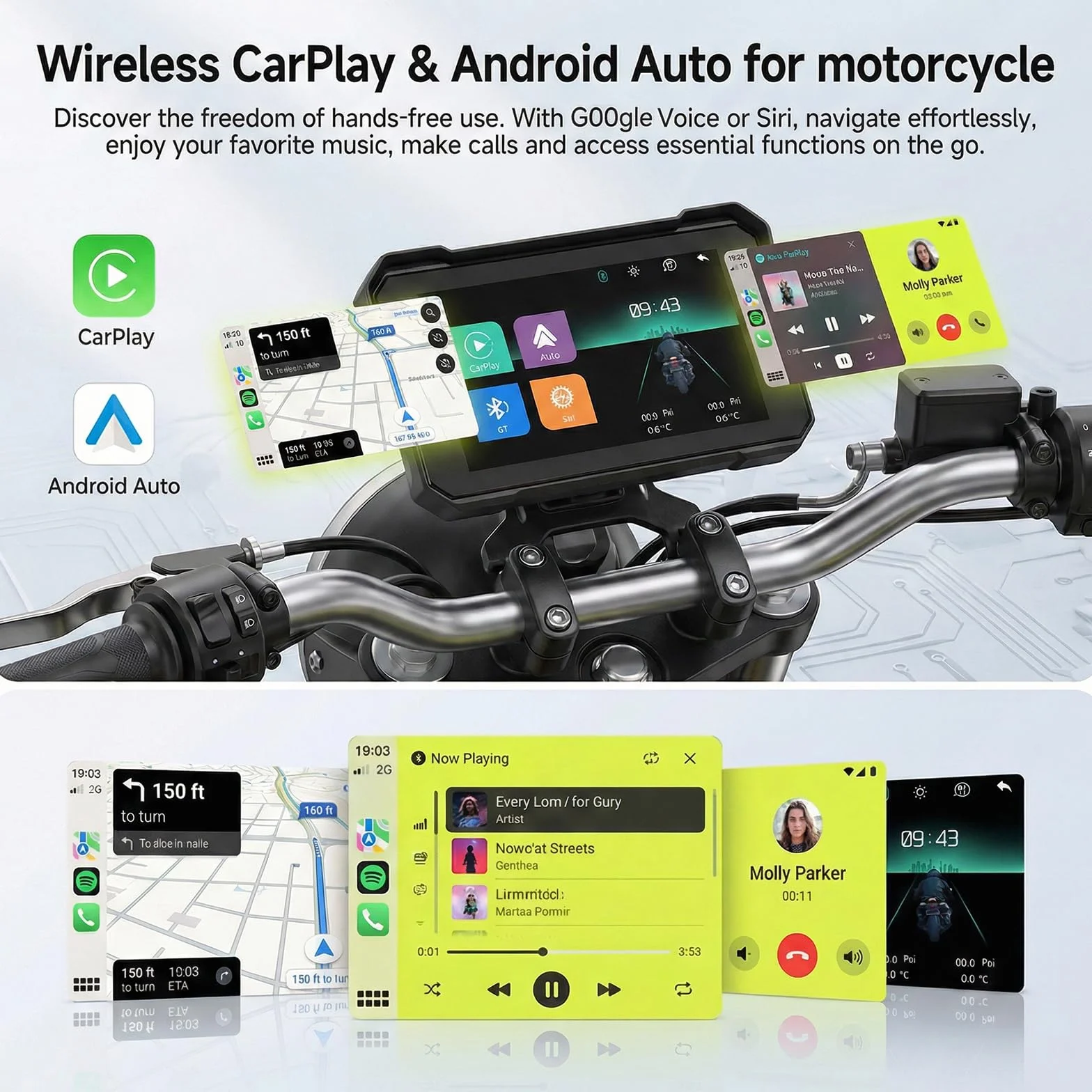 Rimoody Moto Carplay, bezprzewodowe radio samochodowe z systemem Android, z ekranem dotykowym o przekątnej 5", wodoszczelność IP68, z funkcją rozpoznawania ciśnienia w oponach, karta pamięci 12 V