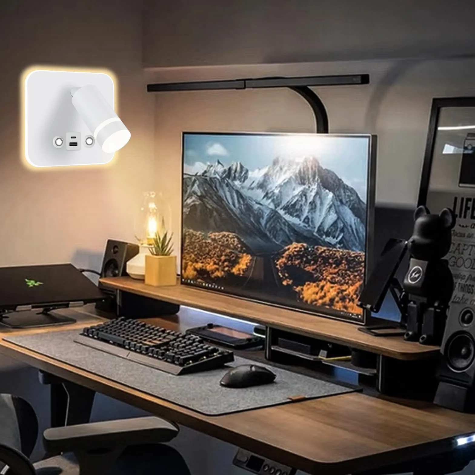 HUIZHOU Lampa do czytania Lampa ścienna LED Sterowanie dotykiem 3-kolorowe temperatury i 12W Port ładowania USB 350° Obrotowe łóżko Światło do czytania Salon i sypialnia (Biały kwadrat)