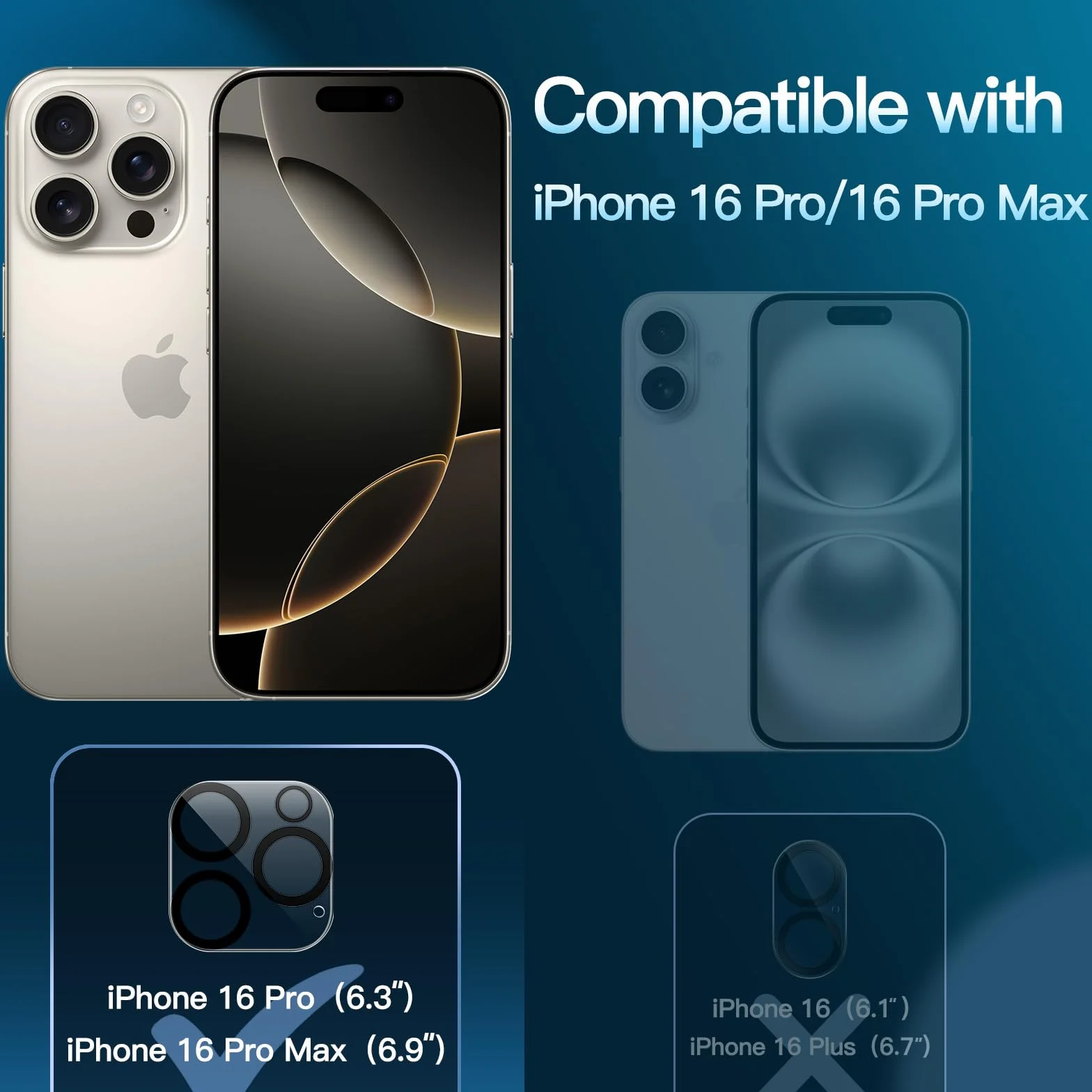 JETech Osłona Obiektywu Aparatu iPhone 16 Pro 6,3 Cala iPhone 16 Pro Max 6,9 Cala 9H Szkło Hartowane 3 Sztuki