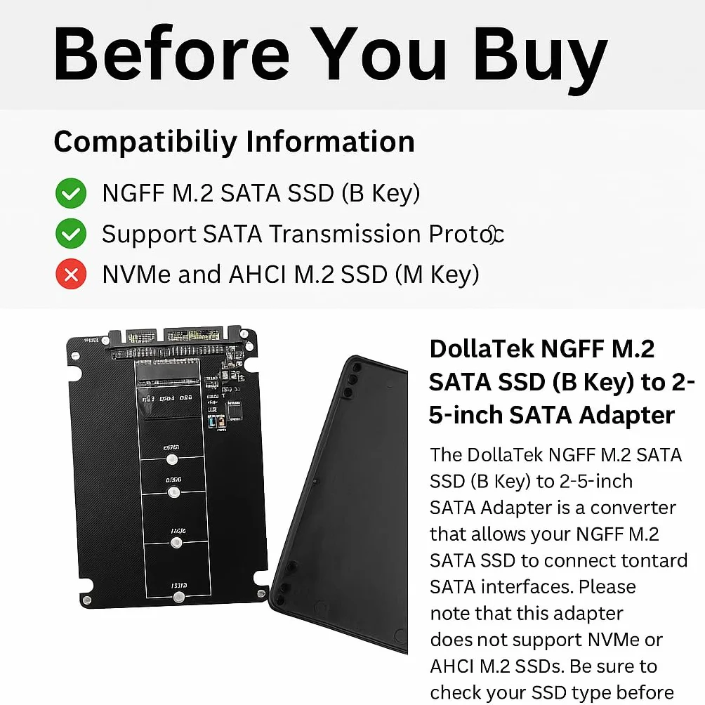 DollaTek Adapter NGFF M.2 SATA SSD na 2,5 cala z obudową – kompatybilny z dyskami SSD SATA z kluczem B lub B+M (nie obsługuje NVMe)