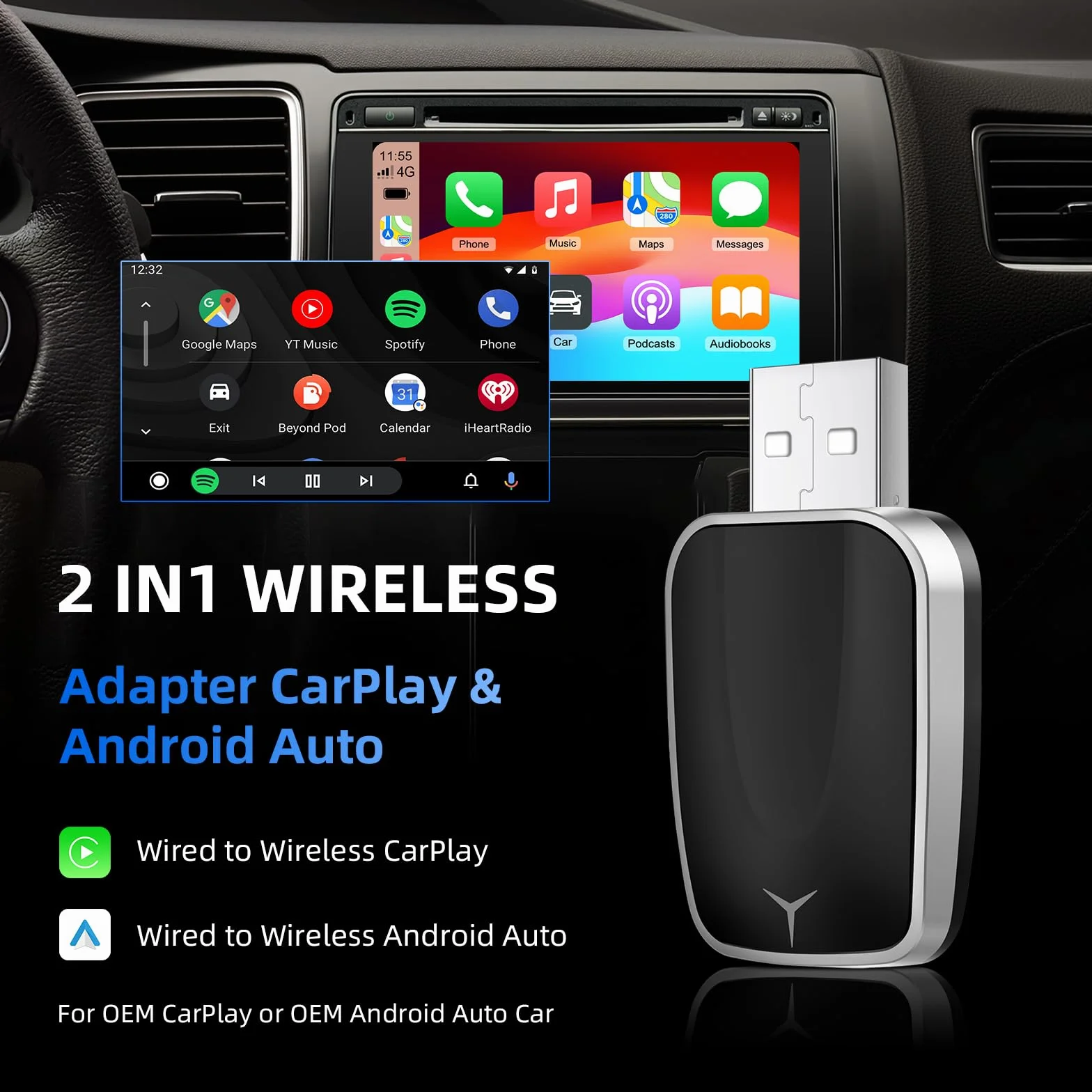 Bezprzewodowy adapter CarPlay Android Auto 2 w 1, Plug and Play, do samochodów z przewodowym CarPlay i Android Auto, obsługuje iOS 10+ i Android 11+ (jednokierunkowy Ende-075)