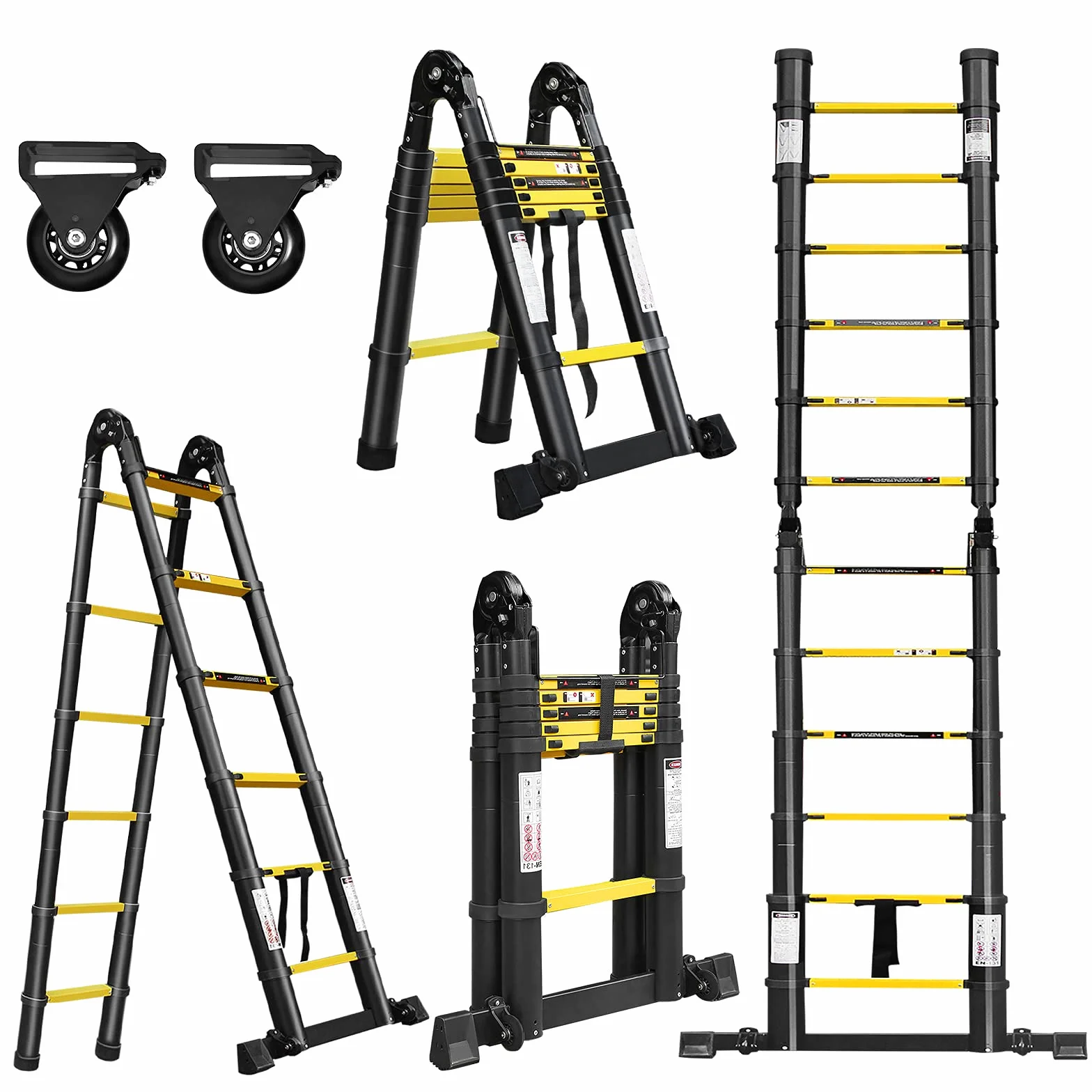 UISEBRT Drabina teleskopowa 3,8 m, składana, aluminiowa, wielofunkcyjna, antypoślizgowa, aluminiowa, wielofunkcyjna, składana, maks. obciążenie 150 kg, czarna (1,9 + 1,9 m)