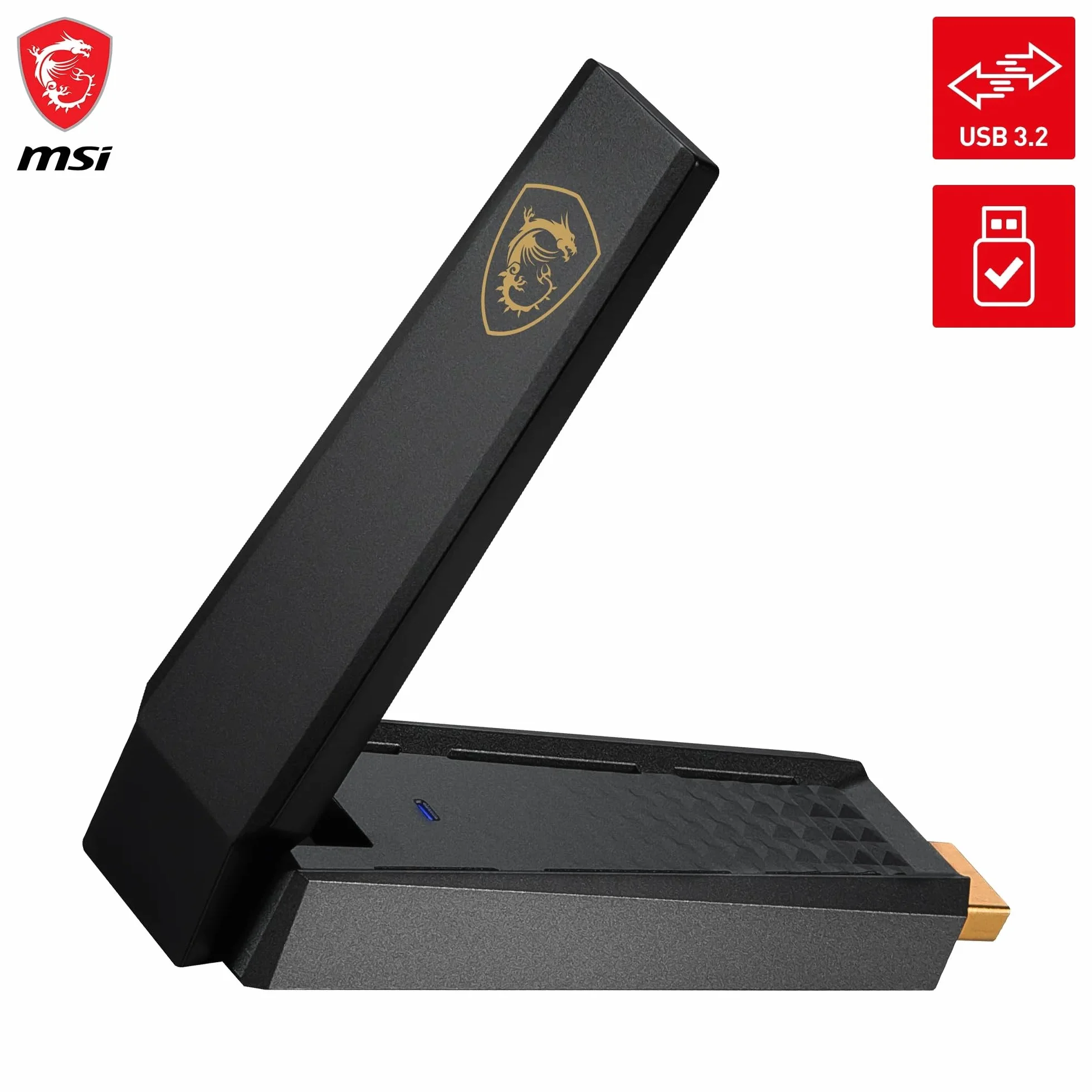 MSI AXE5400 trójpasmowy adapter USB WiFi 6E do 5400 Mb/s 6 GHz 5 GHz 2,4 GHz USB 3.2 Gen 1 typu A MU-MIMO WPA3
