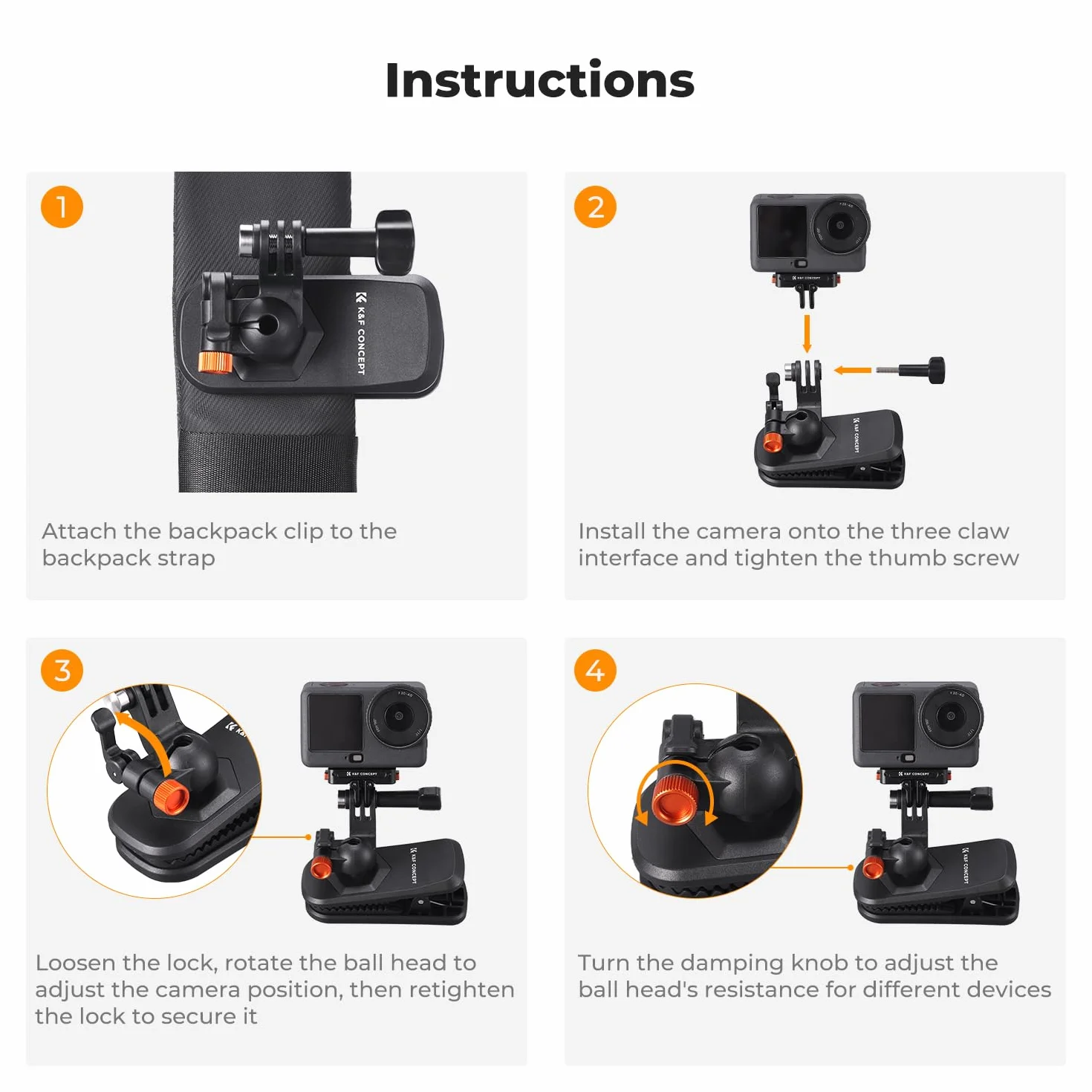 K&F CONCEPT Magnetyczny klips do plecaka, głowica kulowa 360°, zacisk na ramię i kapelusz, kompatybilny z DJI Osmo Nano/Action 6 5 pro/Go pro, uchwyt kamery ciała