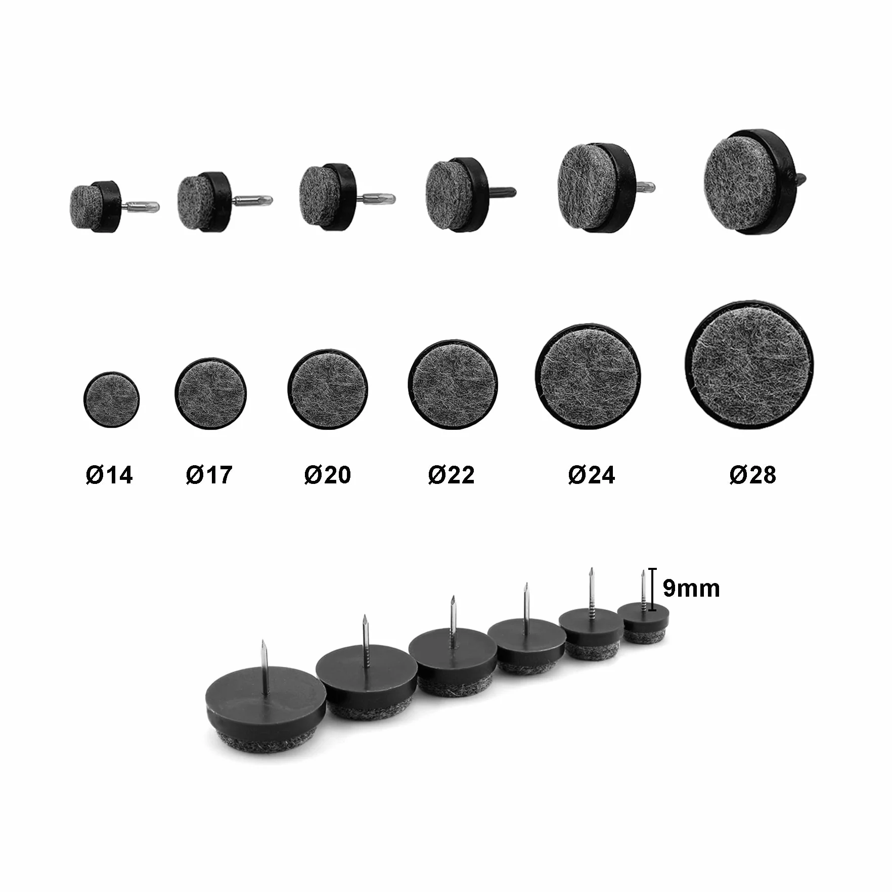 LIKERAINY Filcowe Suwaki Podkładki pod Maty Meblowe z Gwoździem Ø14x9mm Filcowe Podkładki Pod Stopy Ochraniacz Podłogi Krzesło Stół Noga Tłumienie Hałasu Czarny 50 Sztuk
