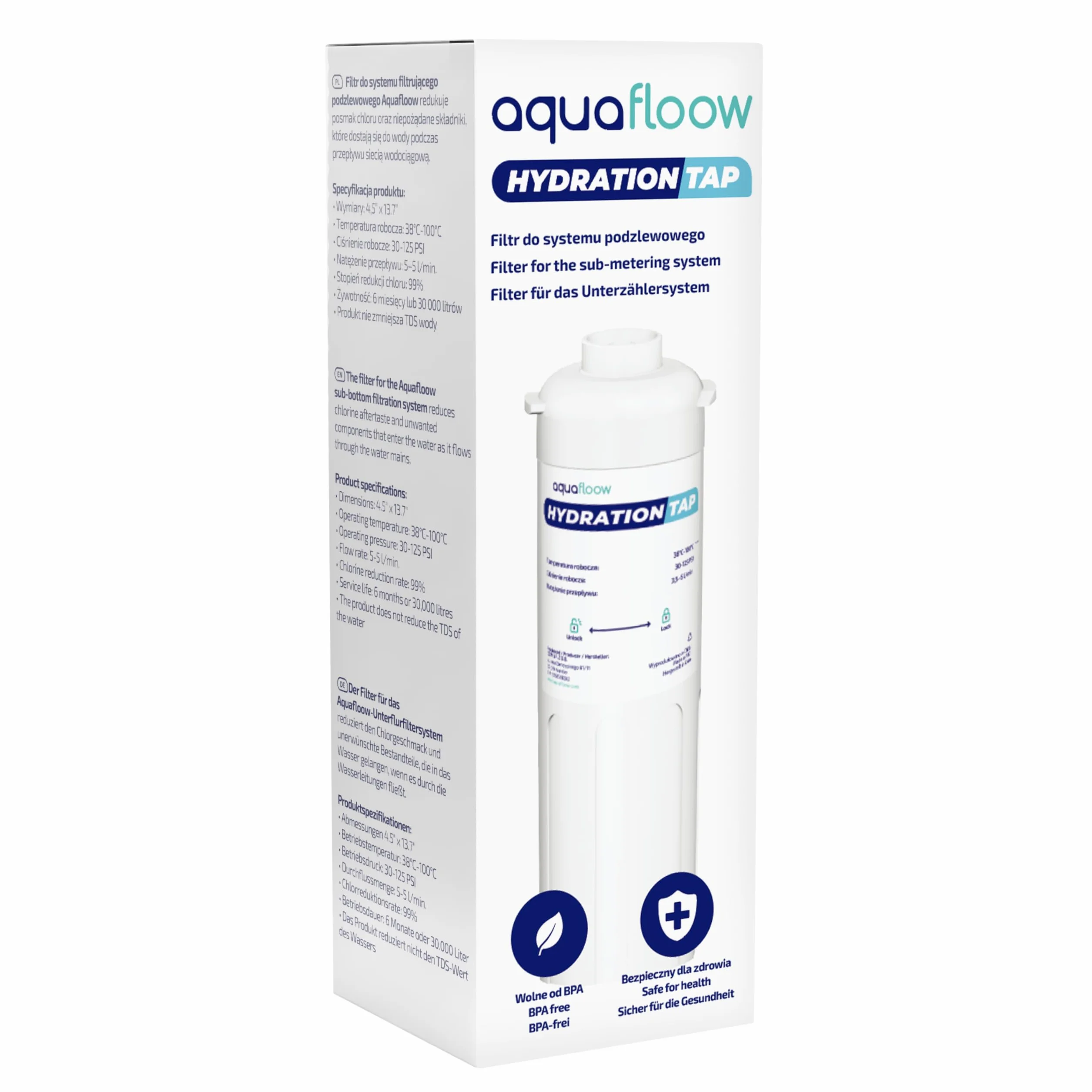 Aquafloow 2x Filtr do podzlewowego systemu filtracji wody, filtr wody z redukcją chloru, filtr z węglem aktywnym, wysoka skuteczność redukcji chloru 30 000 litrów lub 6-12 miesięcy
