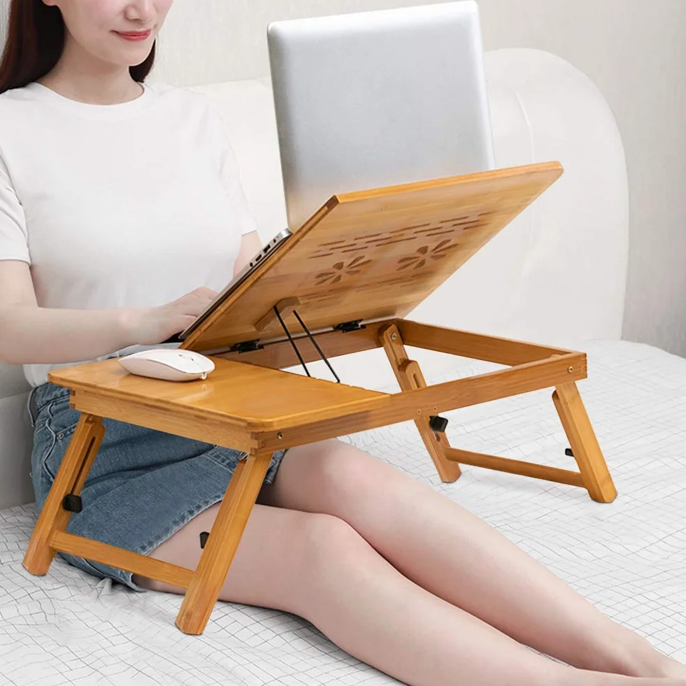 Laptoptisch Beistelltisch Bambus mit Schublade Höhenverstellbar (53-58,8) x 29.7 cm