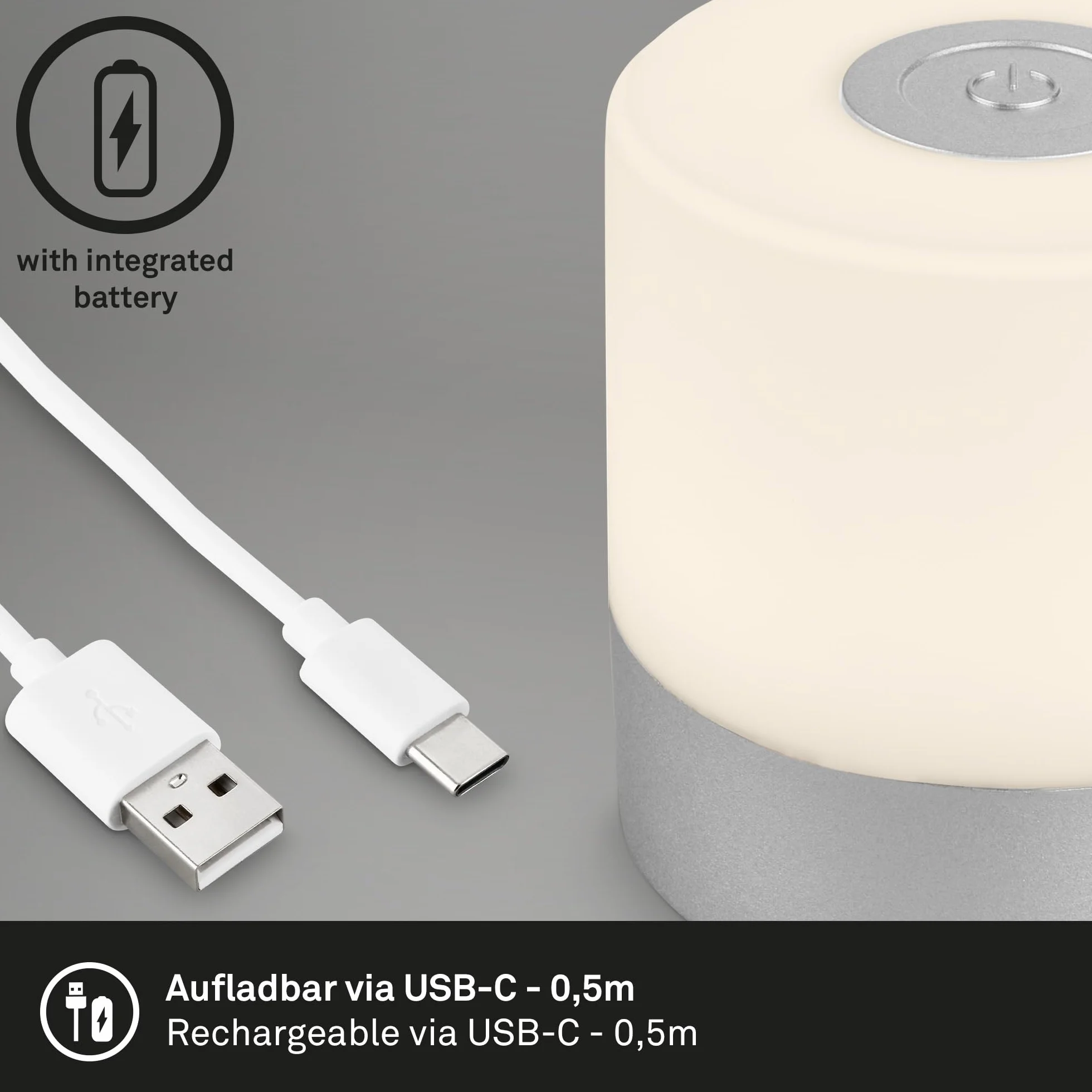 BRILONER – Mini lampka stołowa LED bezprzewodowa, Touch ściemniana, lampka nocna dla niemowląt, USB-C, do czytania i biurka, Ø70x70mm, srebrna, matowy chrom – elegancja i wygoda użytkowania
