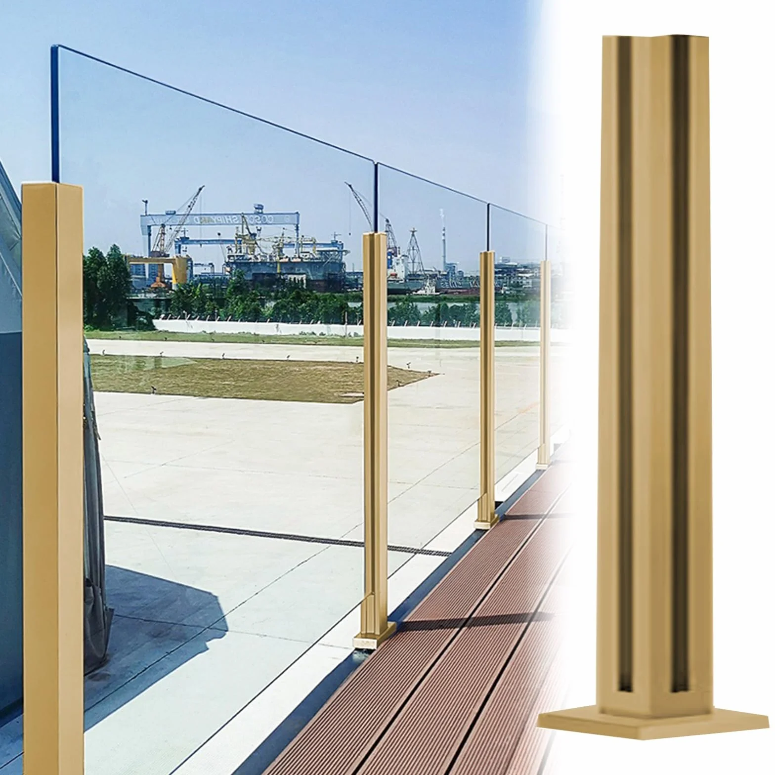 Słupek balustradowy ze szkła balkonowego, złoty, 110/110 cm, do paneli metalowych, drewnianych, ze szkła hartowanego, 8-12 mm, trwałe wsparcie do ogrodzenia szczelinowego, stylowy design, łatwa