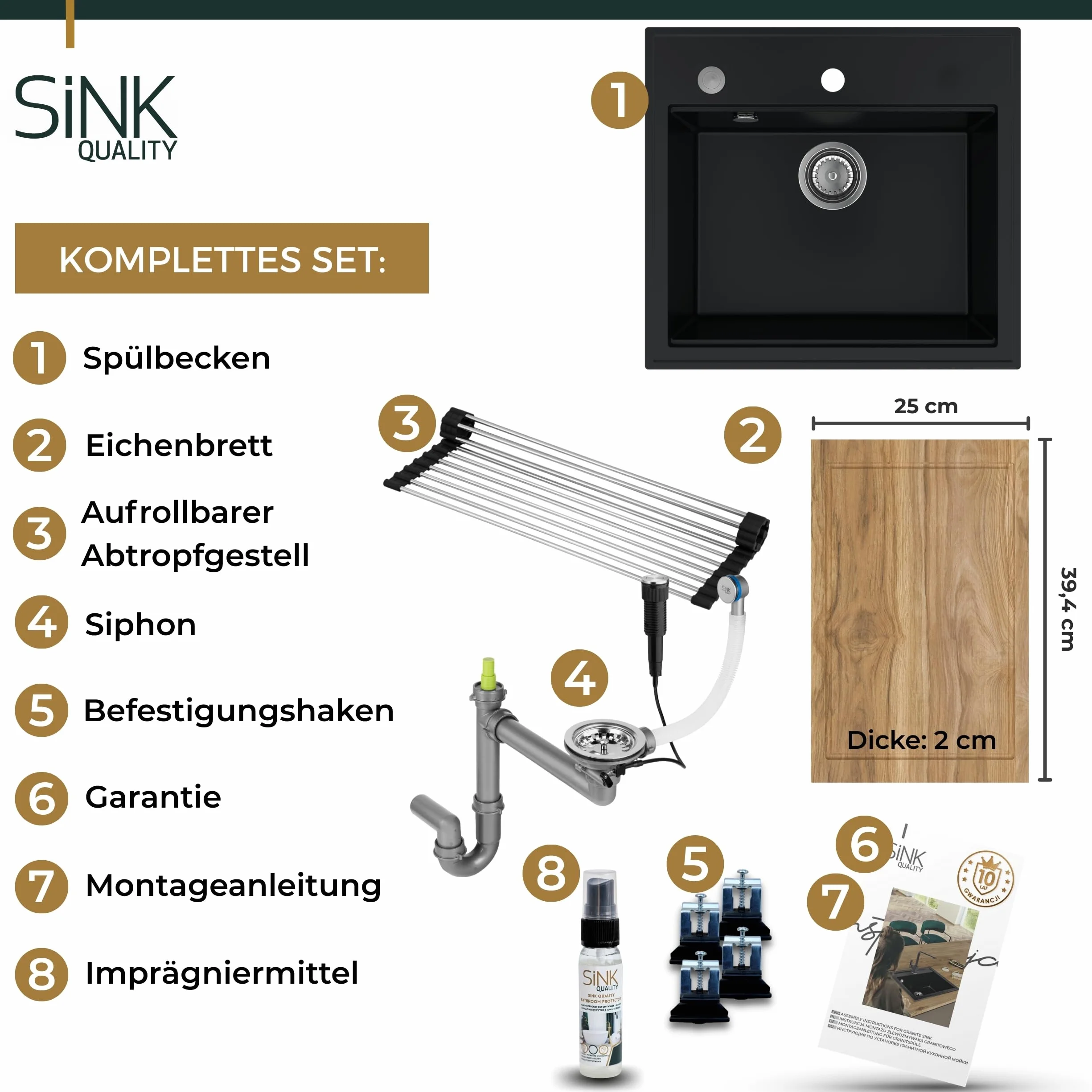 SINK Quality zlewozmywak czarny granit 56 x 51 cm – nowoczesny zlewozmywak kuchenny z deską do krojenia, syfonem push, ociekaczem, środkiem impregnującym, zlewozmywak do zabudowy, umywalka pojedyncza