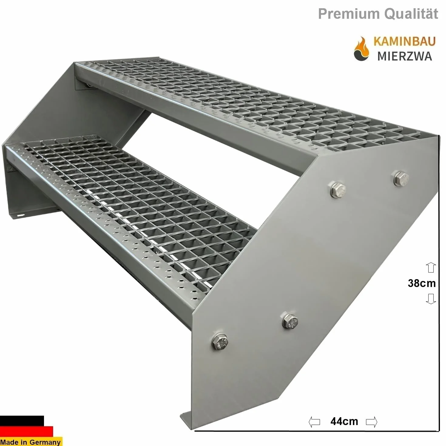 Wysokiej jakości schody ze stali ocynkowanej, całkowicie srebrnej, malowanej proszkowo, 2 stopnie (szerokość 1000 mm) (wysokość 380 mm), odporne na warunki atmosferyczne, schody