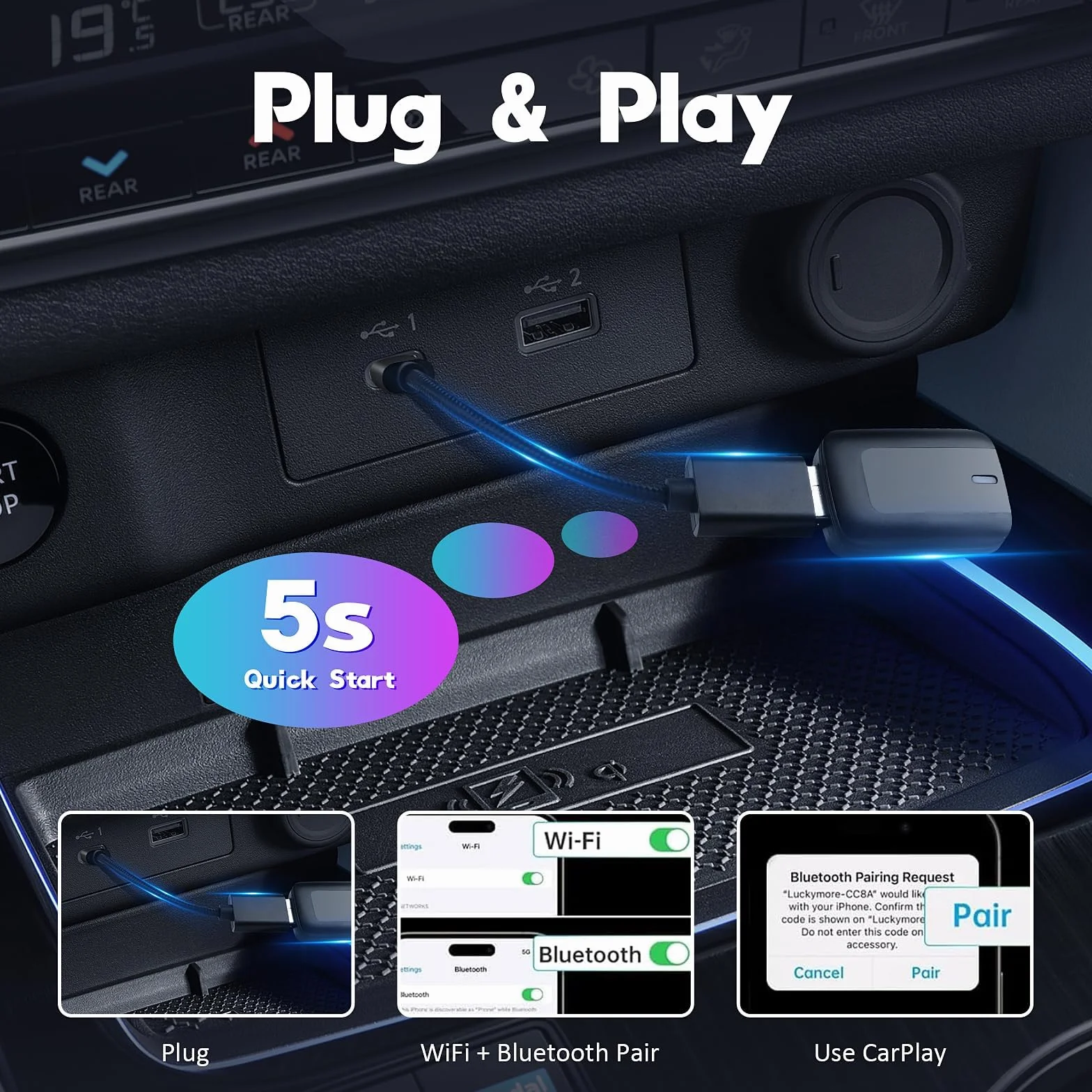 Bezprzewodowy adapter 2 w 1 do Android Auto i CarPlay, Stick przekształca przewodowy Android Auto/Carplay w bezprzewodowo, kompatybilny z samochodami AA i CarPlay, Plug & Play, stabilne połączenie