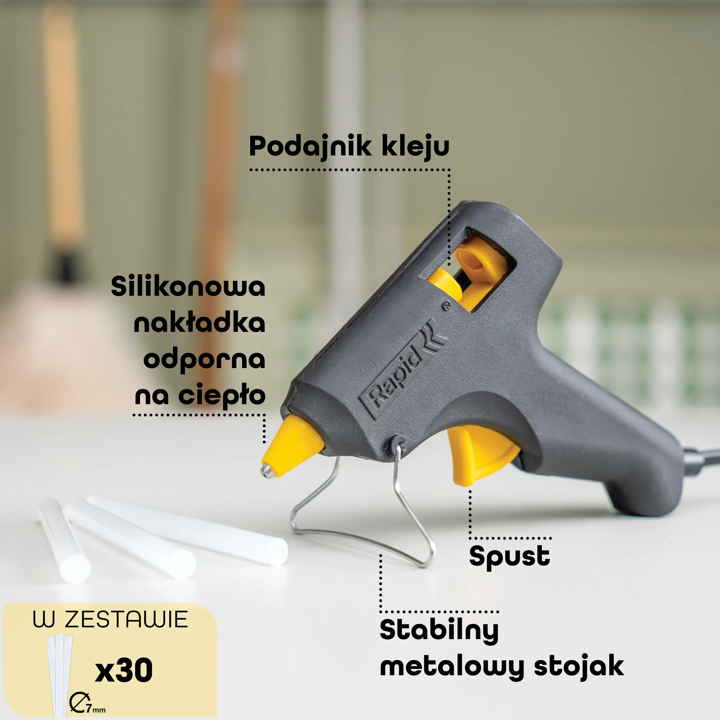Pistolet do Kleju na Gorąco Rapid Hobby + 30 Sztyftów Klejowych – Pistolet do Klejenia 7 mm Do Rękodzieła, Sztuki i Rzemiosła, Napraw – Wydajność 100 g/h, Nagrzewanie w 10 Min., 2-letnia Gwarancja