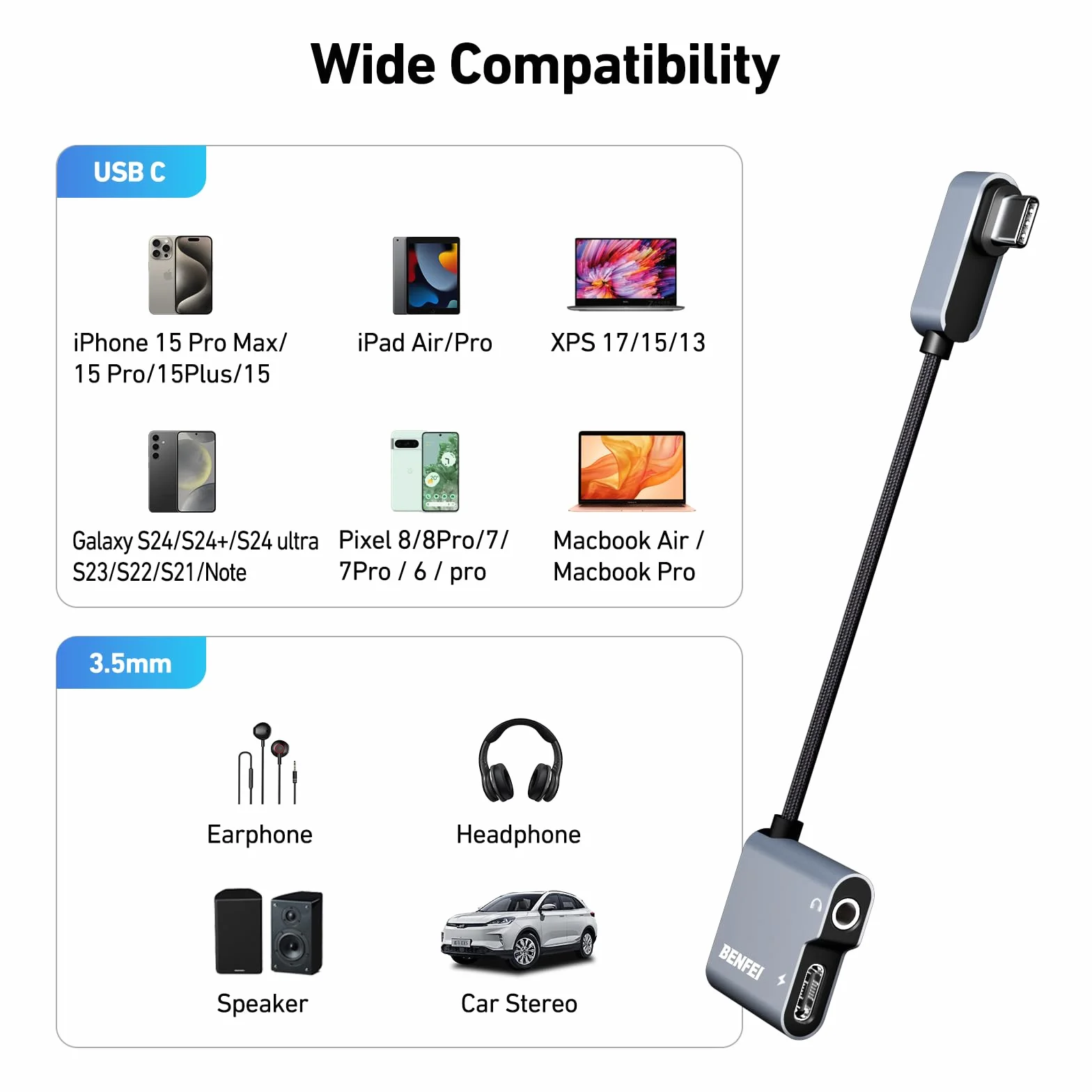 BENFEI Adapter USB C na Audio Jack 60 W, USB-C na 3,5 mm, kompatybilny z iPhone 15 Pro Max, Samsung Galaxy S24, iPad Pro
