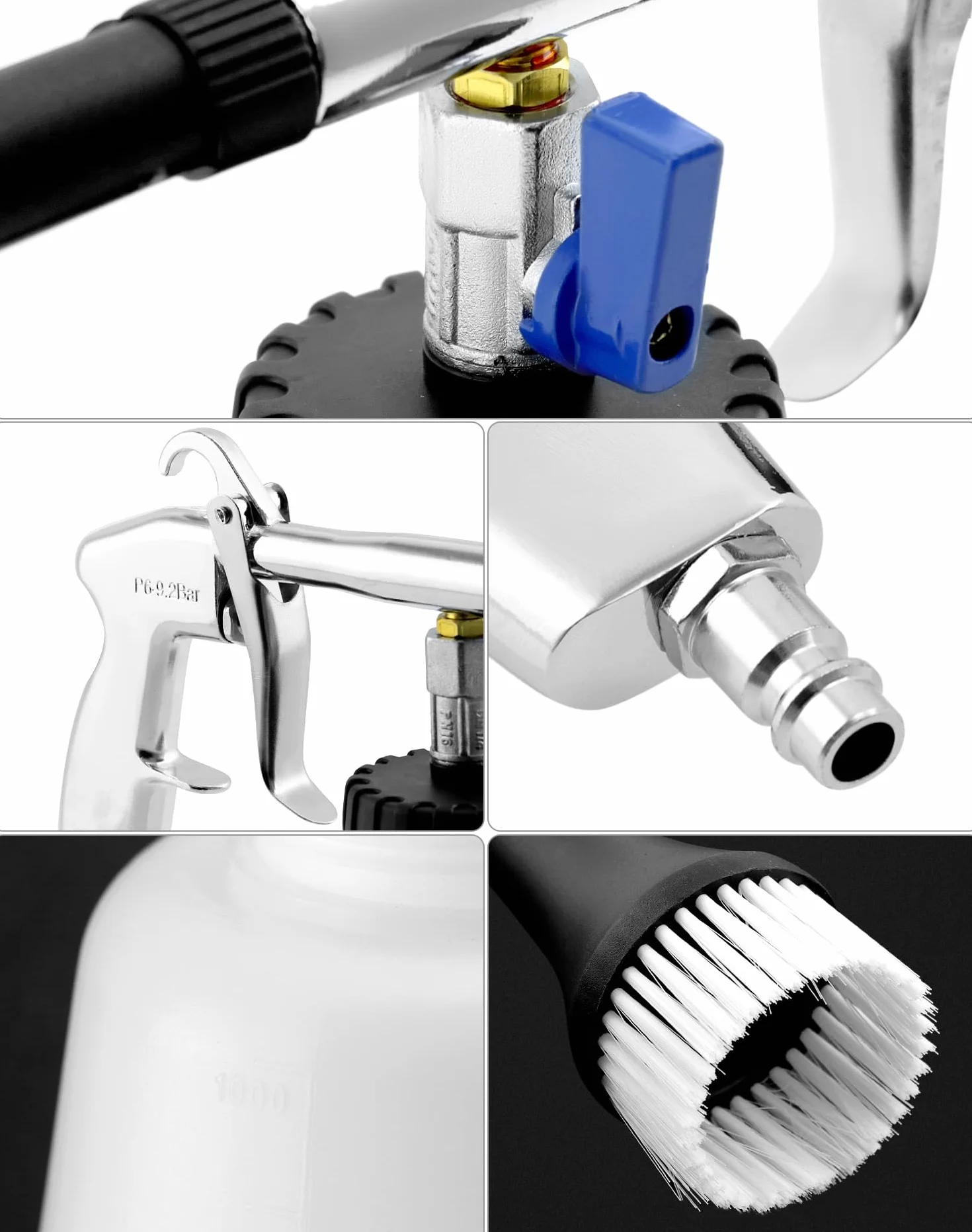 QWORK® Pistolet do czyszczenia, 6.5-9.2Bar, pistolet do czyszczenia na sprężone powietrze z butelką z pianką i szczotką, do wnętrz samochodów