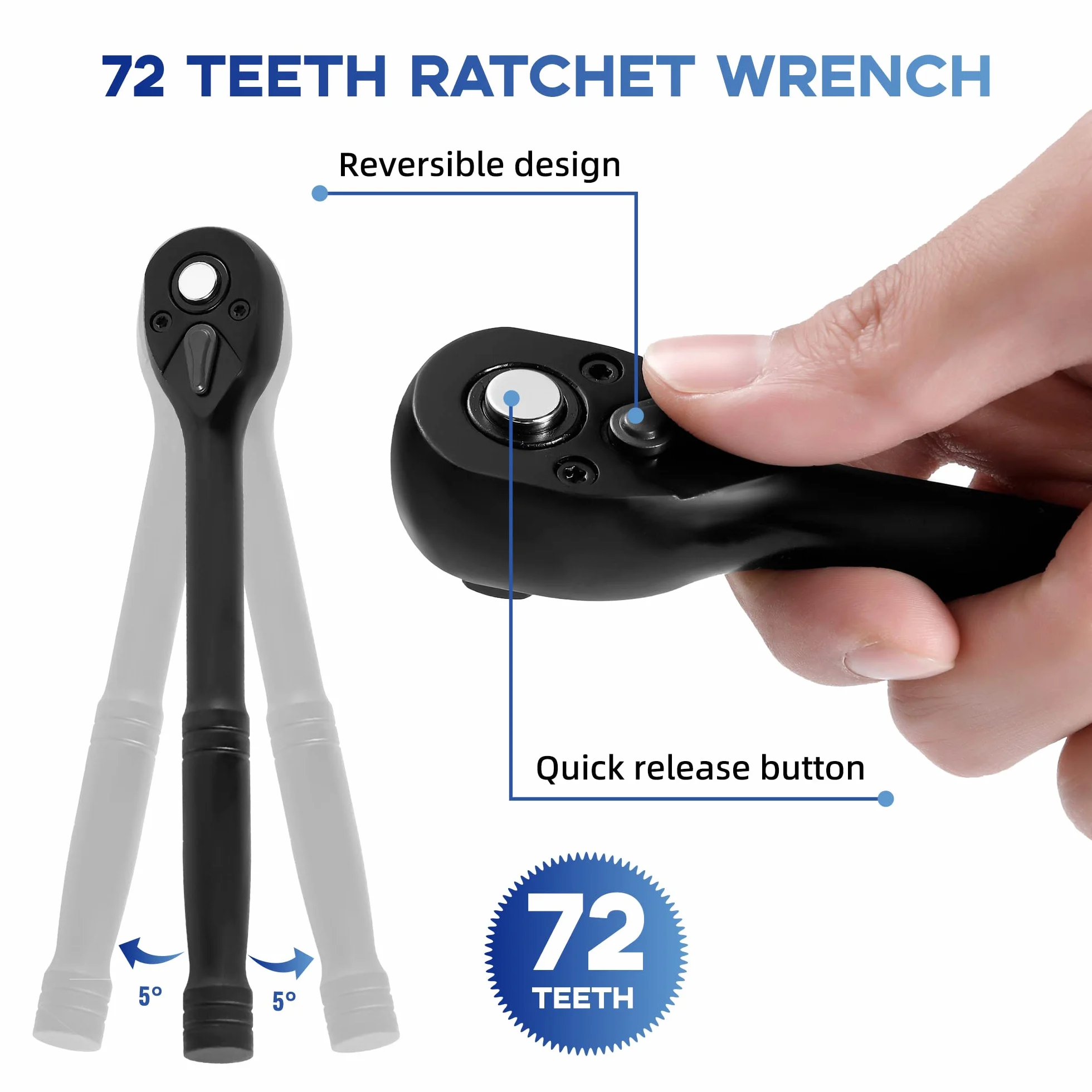 Reniteco 50-częściowy zestaw nasadek z napędem 3/20.3 cm, SAE (5/40.6 cm-3/10.2 cm) i metryczne (8 mm-22 mm), głębokie i płytkie, klucz grzechotkowy 72-zębowy, pręty przedłużające, reduktor 1/5.1 cm F