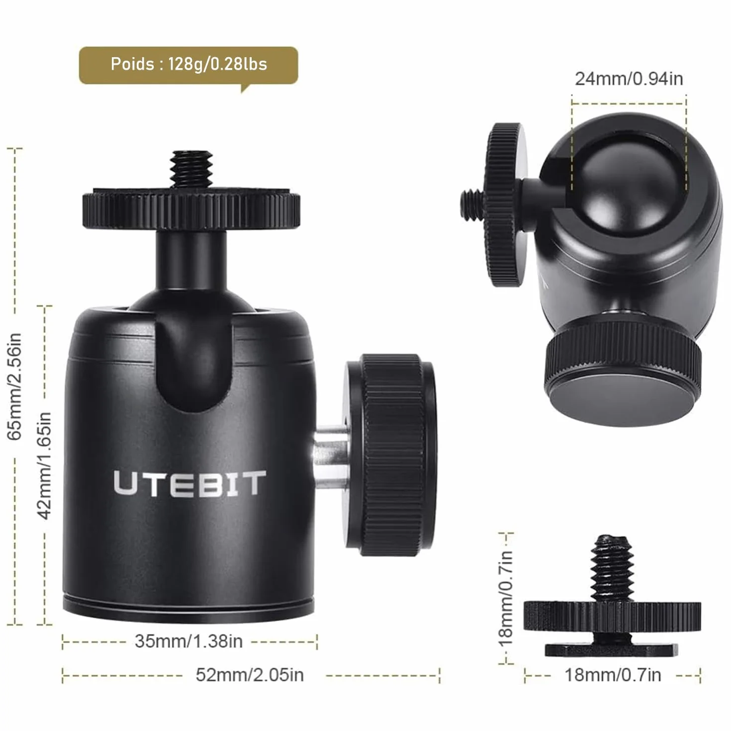 UTEBIT Głowica kulowa aparatu, obrotowe mocowanie głowicy kulowej statywu 360°, mini głowica kulowa statywu ze stopu aluminium 24 mm, maksymalne obciążenie 5 kg/11 funtów, ze zdejmowaną stopką