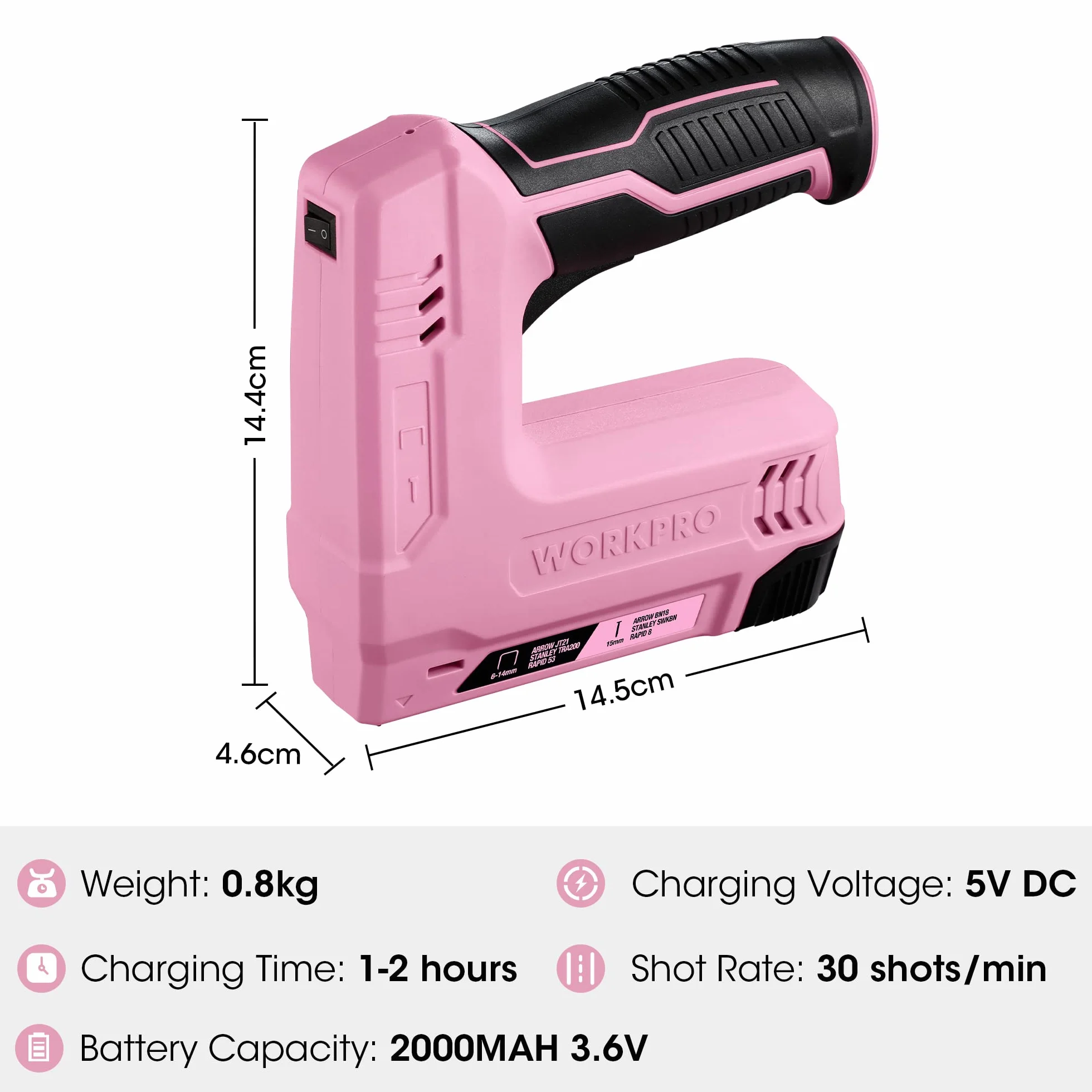 WORKPRO Zszywacz bezprzewodowy 3,6 V 2000 mAh z 2000 zszywkami, wielofunkcyjny zszywacz 2 w 1, kompatybilny z gwoździami i zszywkami typu 53, 8 do projektów DIY w domu, stolarstwie (różowy)