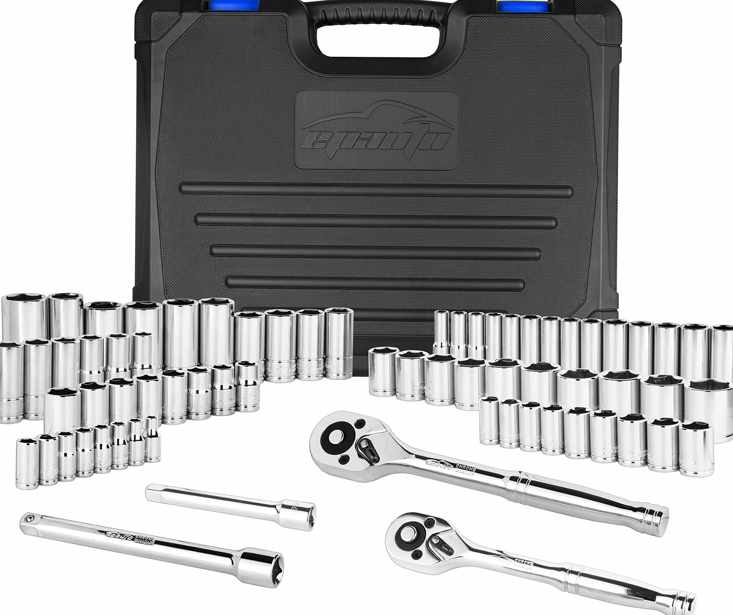 69 sztuk - EPAuto 1/4" i 3/8" zestaw gniazd nasadowych z grzechotką z głowicą gruszkową, chrom (92-824)