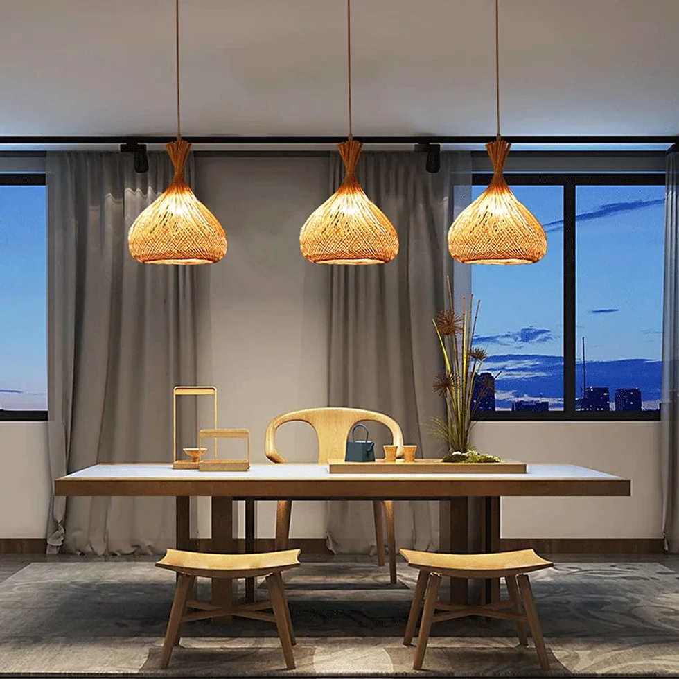 Lampa Wisząca Z Bambusowym Koszem Lampa Wisząca W Stylu Boho Naturalne Żyrandole W Kształcie Kopuły, Tkane Światło Oświetlenie Wewnętrzne Z Regulowanym Przewodem Do Jadalni, Wyspy Kuchennej,