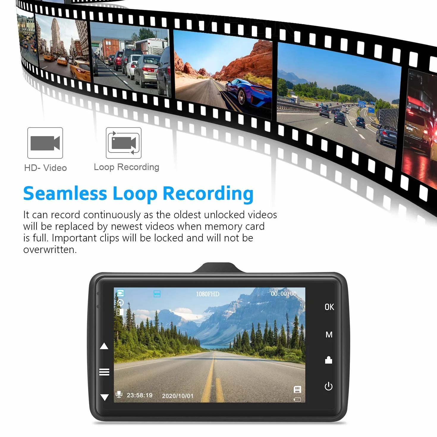 BOOGIIO 1080P FHD Car Driving Recorder 3'' IPS Screen 170° Wide Angle Kamera przednia z 32G SD Card