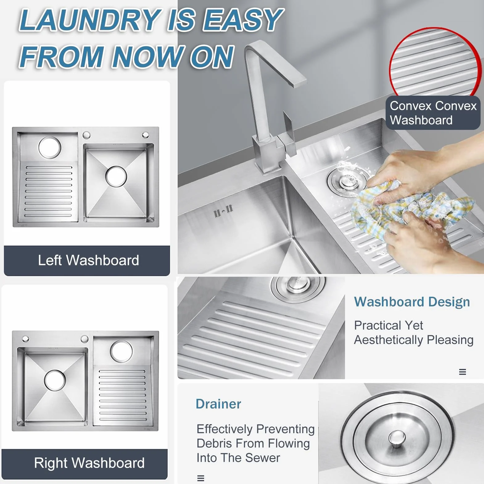 Bathroom Double Bowl Laundry Sink,Household Stainless Steel Laundry Sink,Wash Basin With Washboard,Pull-out Faucet,Easy To Clean (Color : Right, S : 80x48x22cm)