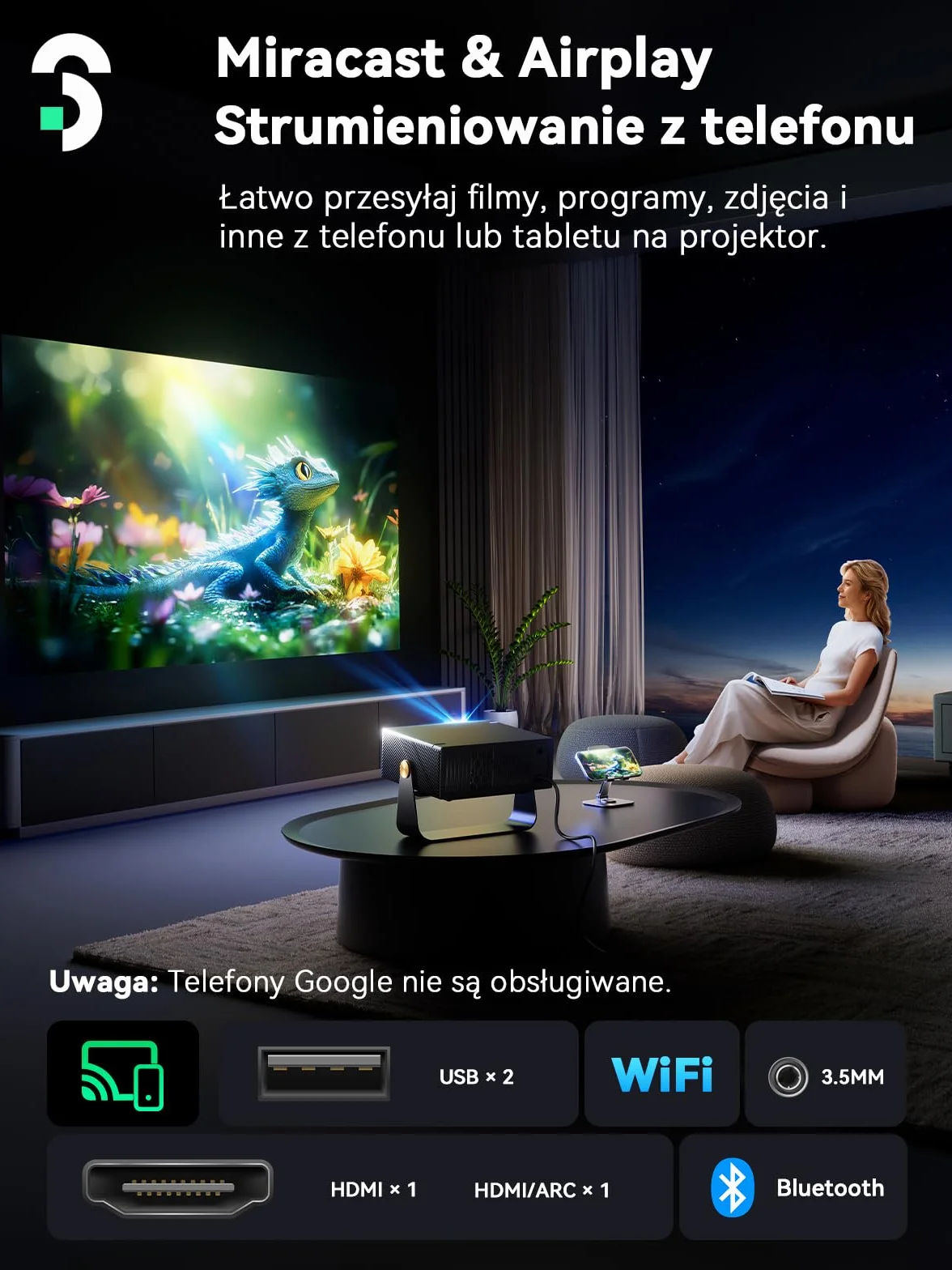 SOOMFON SK3 Projektor WiFi Bluetooth 1080P Natywny przenośny projektor filmowy Automatyczne ustawianie ostrości korekcja zniekształceń