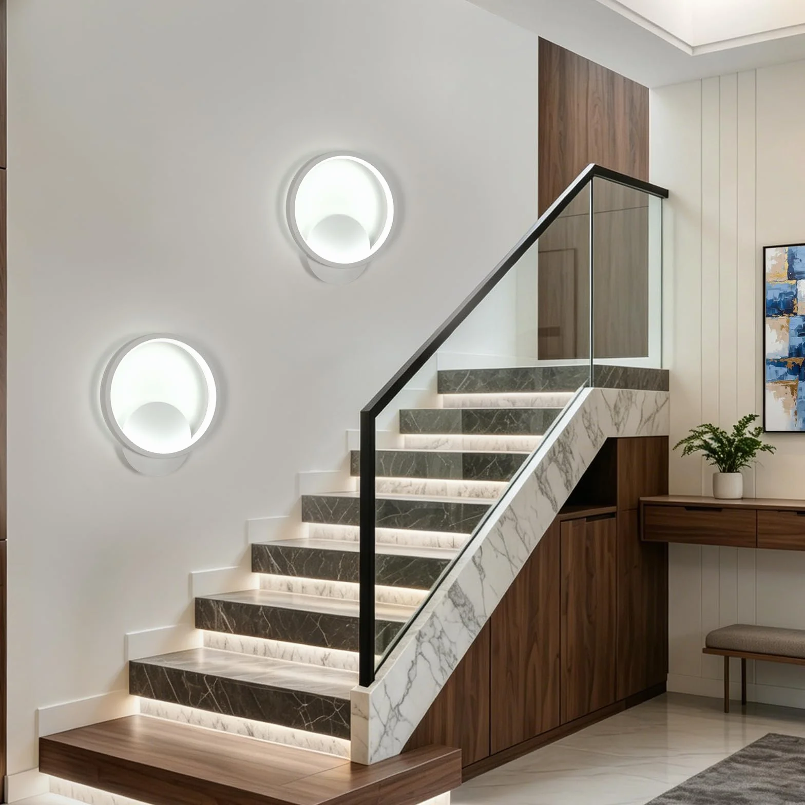 Comely 2 Sztuki Kinkiet Wewnętrzny, 12W 1350LM Okrągła Nowoczesna Lampa Ścienna, Zimna Biała Biel 6500K Aluminiowa Oprawa Ścienna Do Sypialni Salonu Łazienki Schodów, Biały, Średnica 20cm