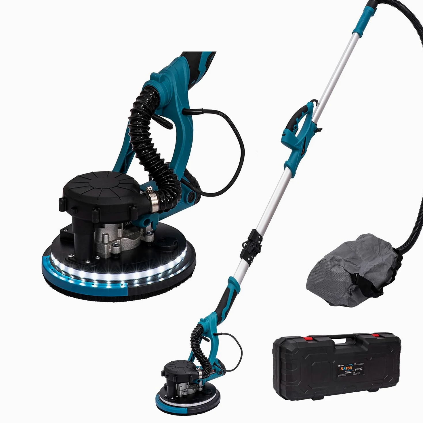 KATSU Tools Elektryczna szlifierka do płyt kartonowo-gipsowych 800 W z teleskopowym składanym uchwytem, automatyczne zbieranie kurzu, światło LED, zmienna prędkość, papier ścierny i worek na kurz w