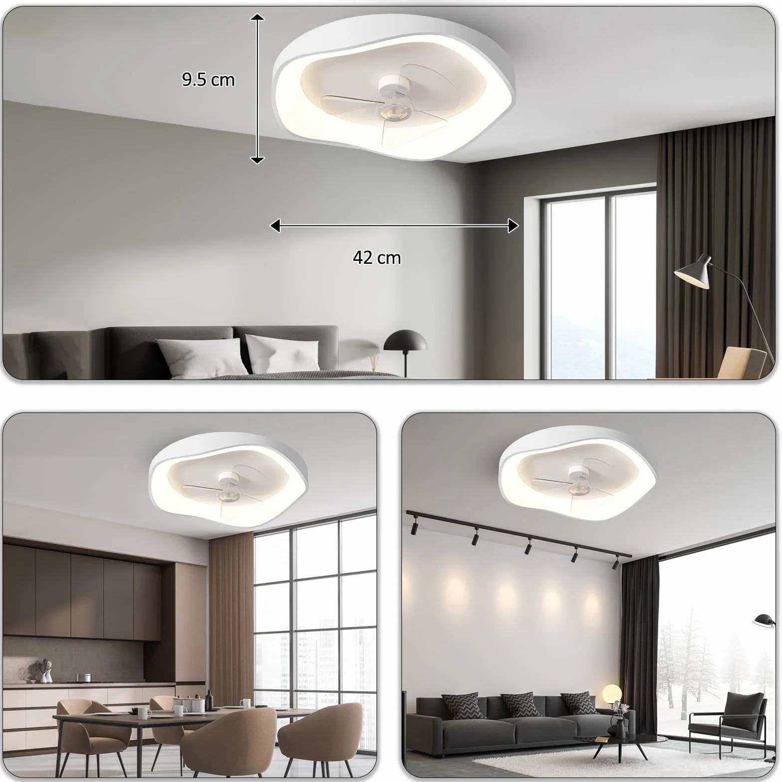 Wentylator sufitowy z oświetleniem, lampa z wentylatorem o średnicy 42 cm, lampa sufitowa z wentylatorem i oświetleniem, z pilotem zdalnego sterowania i aplikacją, 6 prędkości wentylacji, 3 kolory