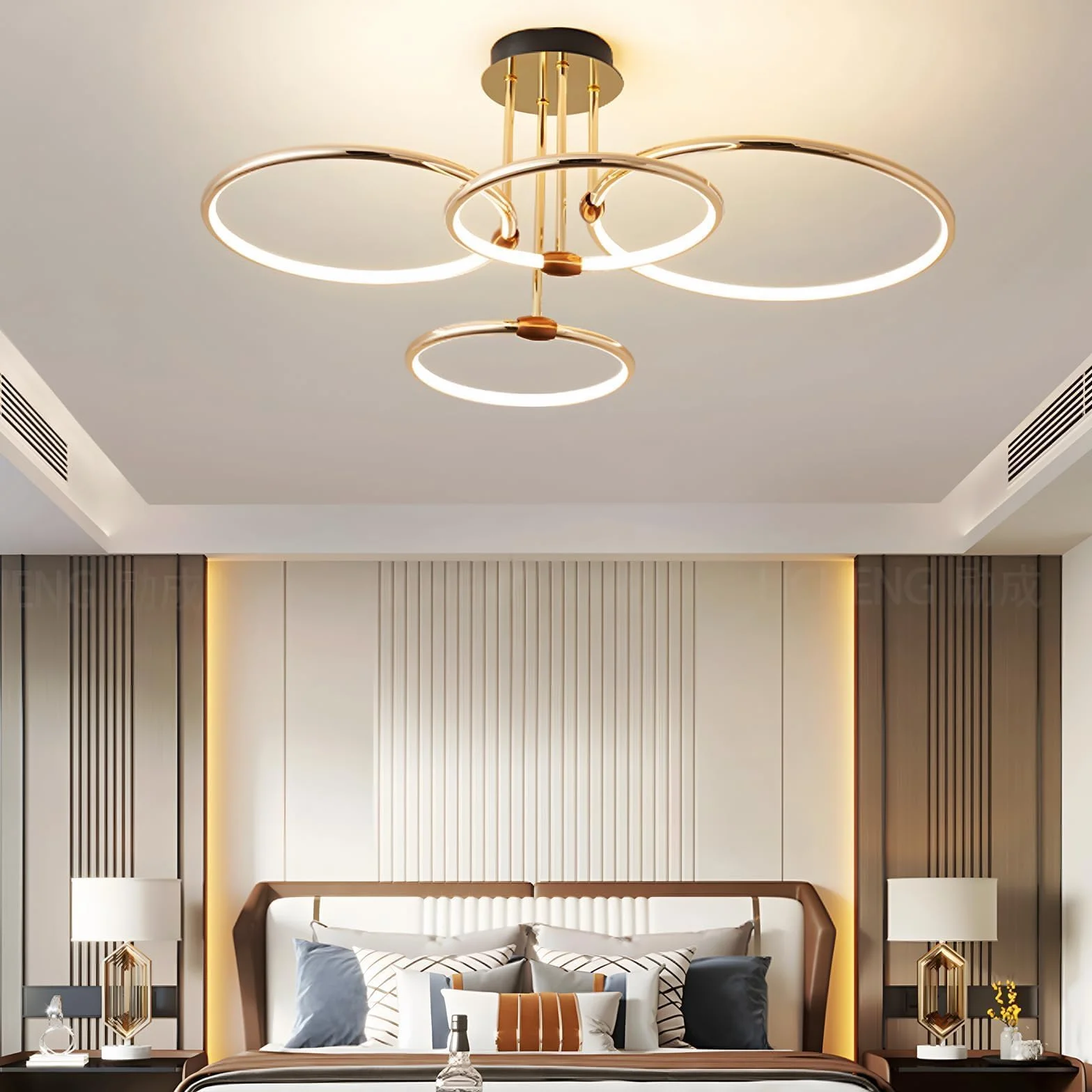 4 Okrągłe Pierścienie Złota Lampa Sufitowa Led, Ø75cm Żyrandol O Średnicy, 85W Bezstopniowo Przyciemniana, Kreatywna Metalowa Galwanizowana Lampa Wisząca, Nowoczesna Lampa Do Sypialni, Salonu Biura