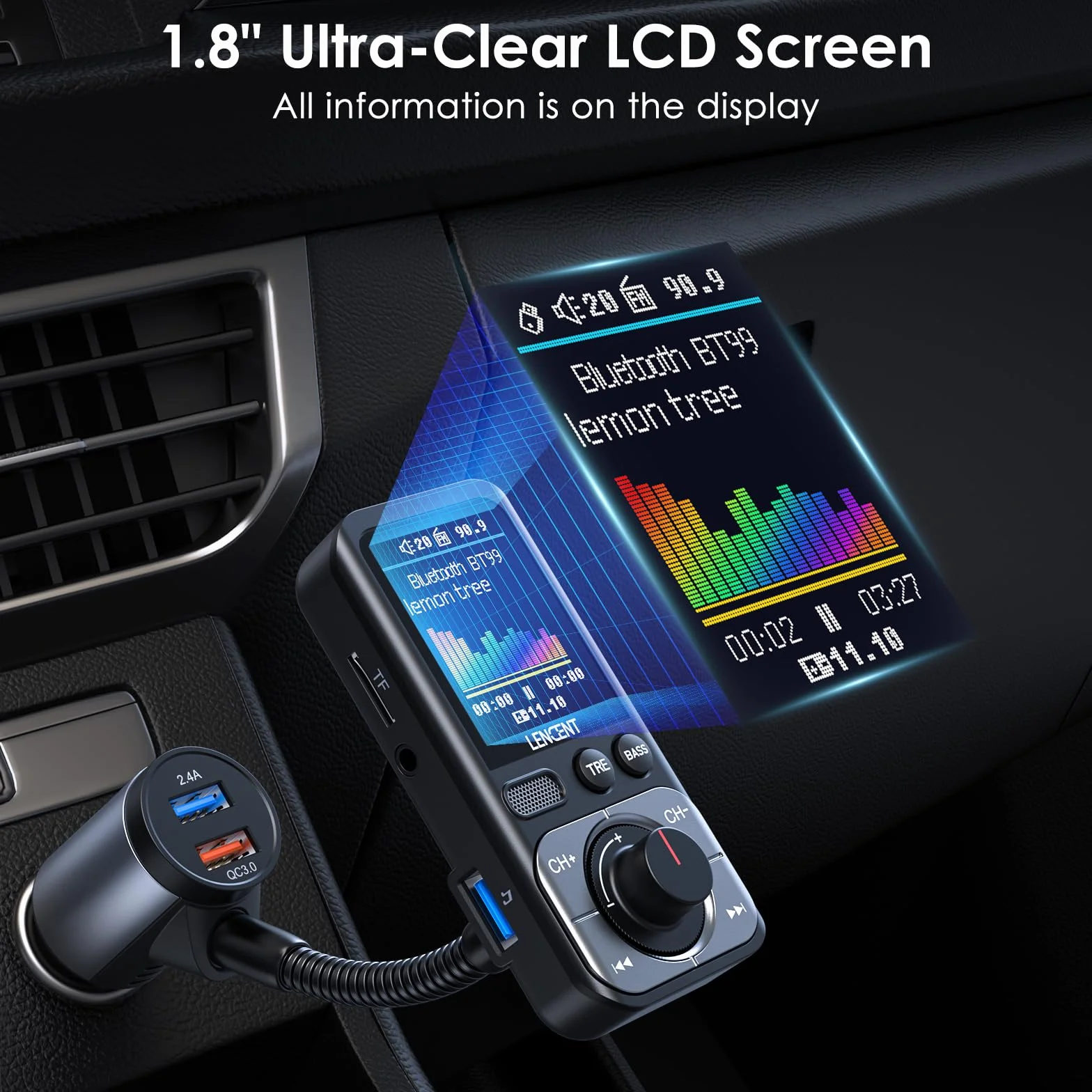 LENCENT 5.0 Samochodowy Nadajnik FM Bluetooth z Adapter AUX Bezprzewodowy QC3.0 USB-A Zestaw Głośnomówiący HiFi