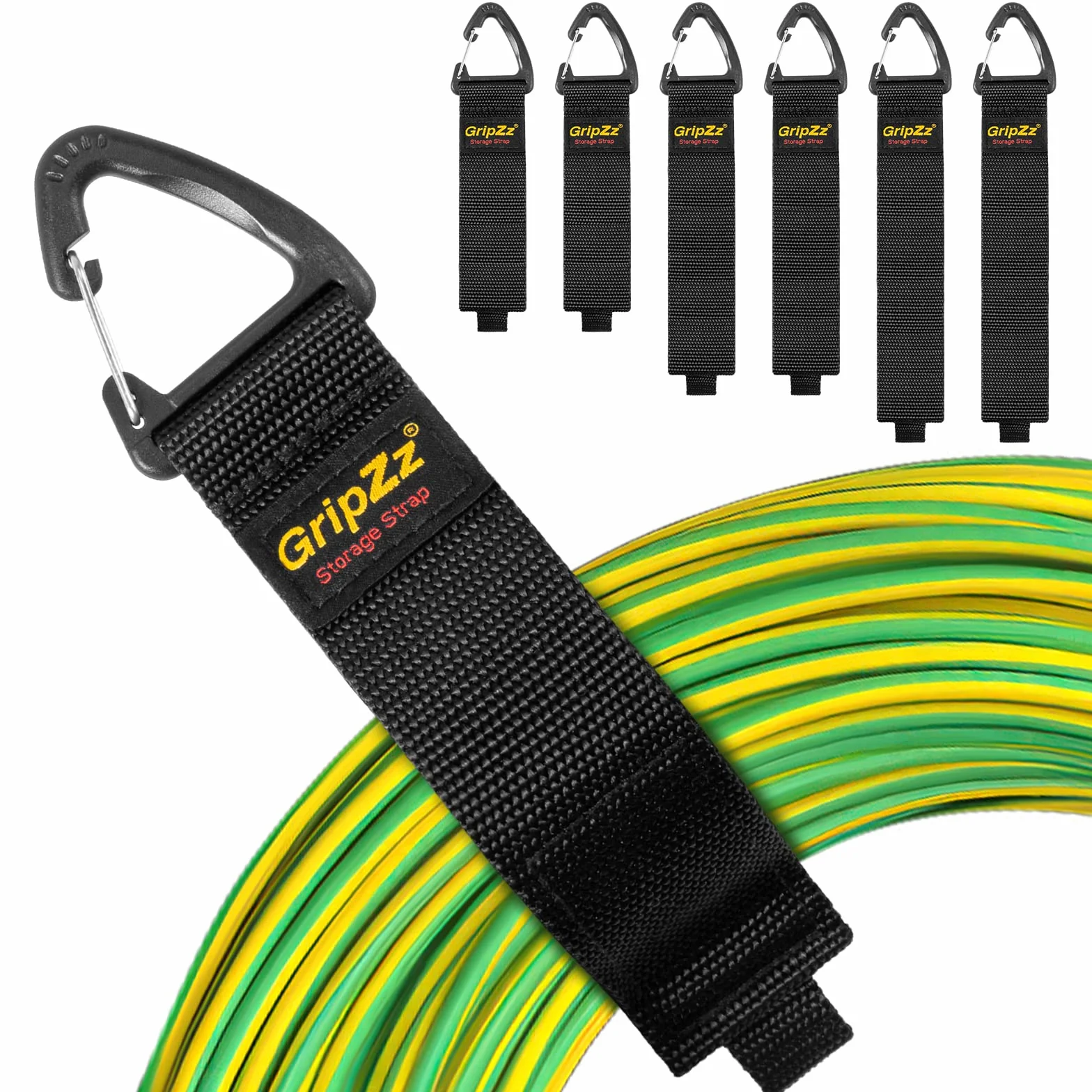 Taśma rzepowa GripZz z oczkiem - Uchwyt na Wąż i Kabel do Garażu, Domu lub Jako Dodatek do Warsztatu - Praktyczny Organizer na Przedłużacze, Przewody, Liny, Węże - Uniwersalny (2S, 2M, 2L)