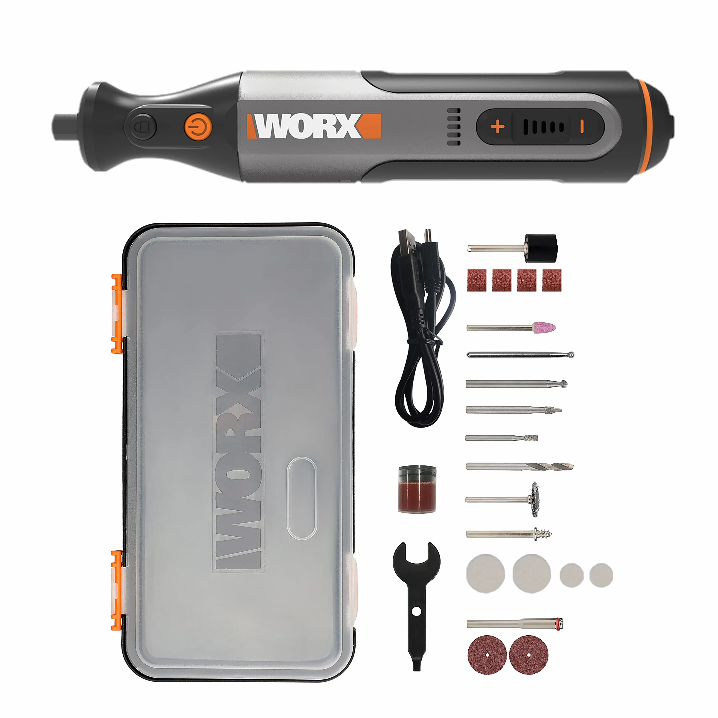 WORX 8V Akumulatorowe Narzędzie Wielofunkcyjne WX106, Narzędzie Obrotowe z 23 Akcesoriami, 3,2 mm wielkość nagrywania USB do szlifowania, grawerowania, polerowania, cięcia, wiercenia itd.