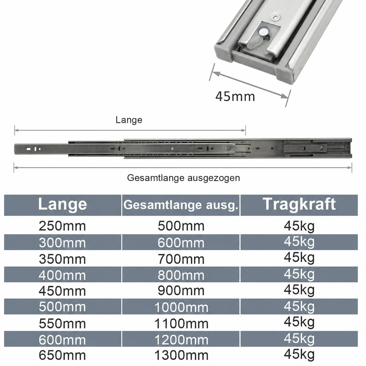 Szyny do szuflad z pełnym wysuwem, 4 pary (8 sztuk), 500 mm, prowadnice do szuflad, nośność 45 kg, do szafek kuchennych i mebli, 3-krotnie składane, srebrne