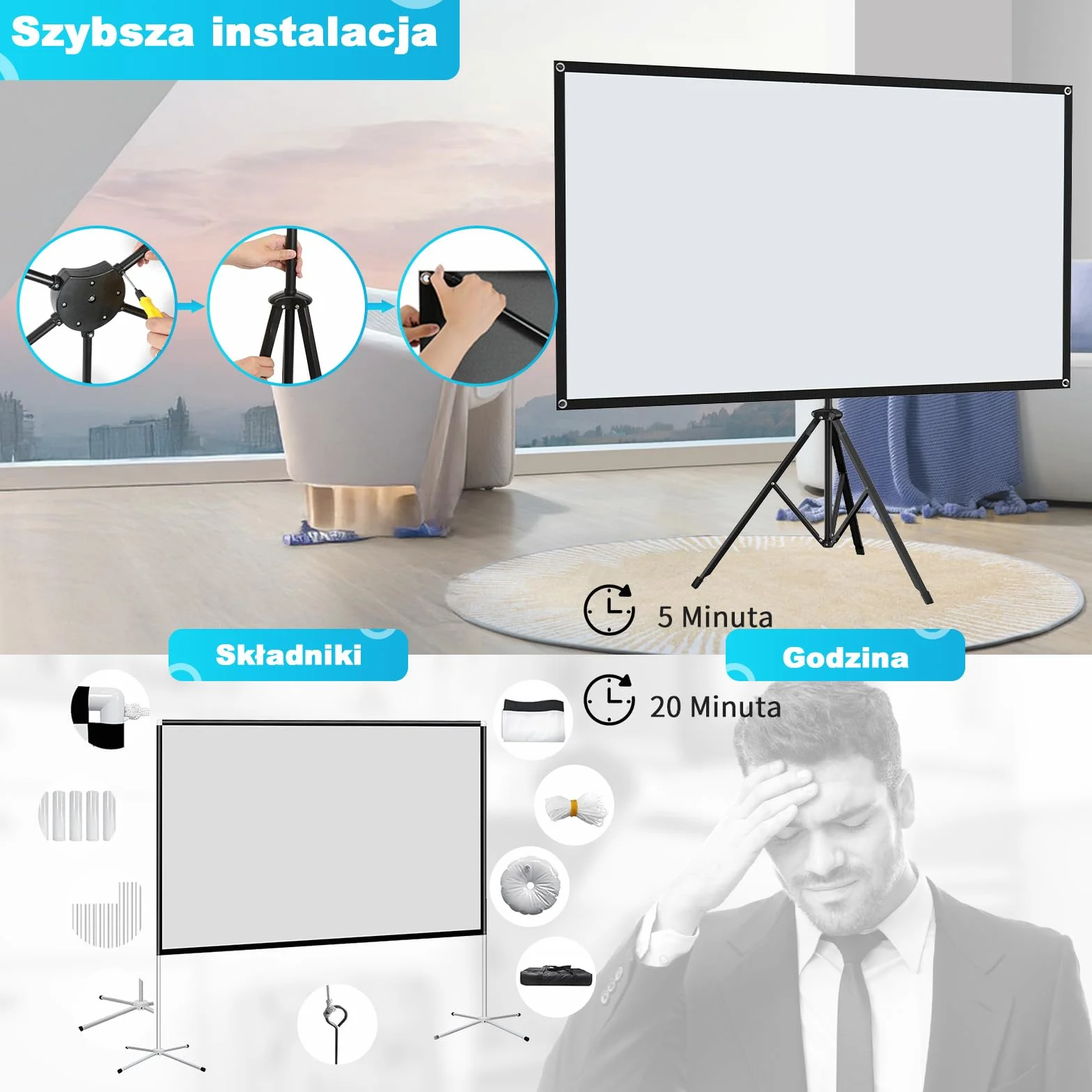 VISULAPEX ALR Ekran Projekcyjny 177x100cm (80") Format 16:9, Kino Domowe HD 4K 3D, Rzutnik Ekran Projekcyjny Ze Statywem, ekran PCV i z włókna szklanego, regulacja wysokości i łatwy montaż