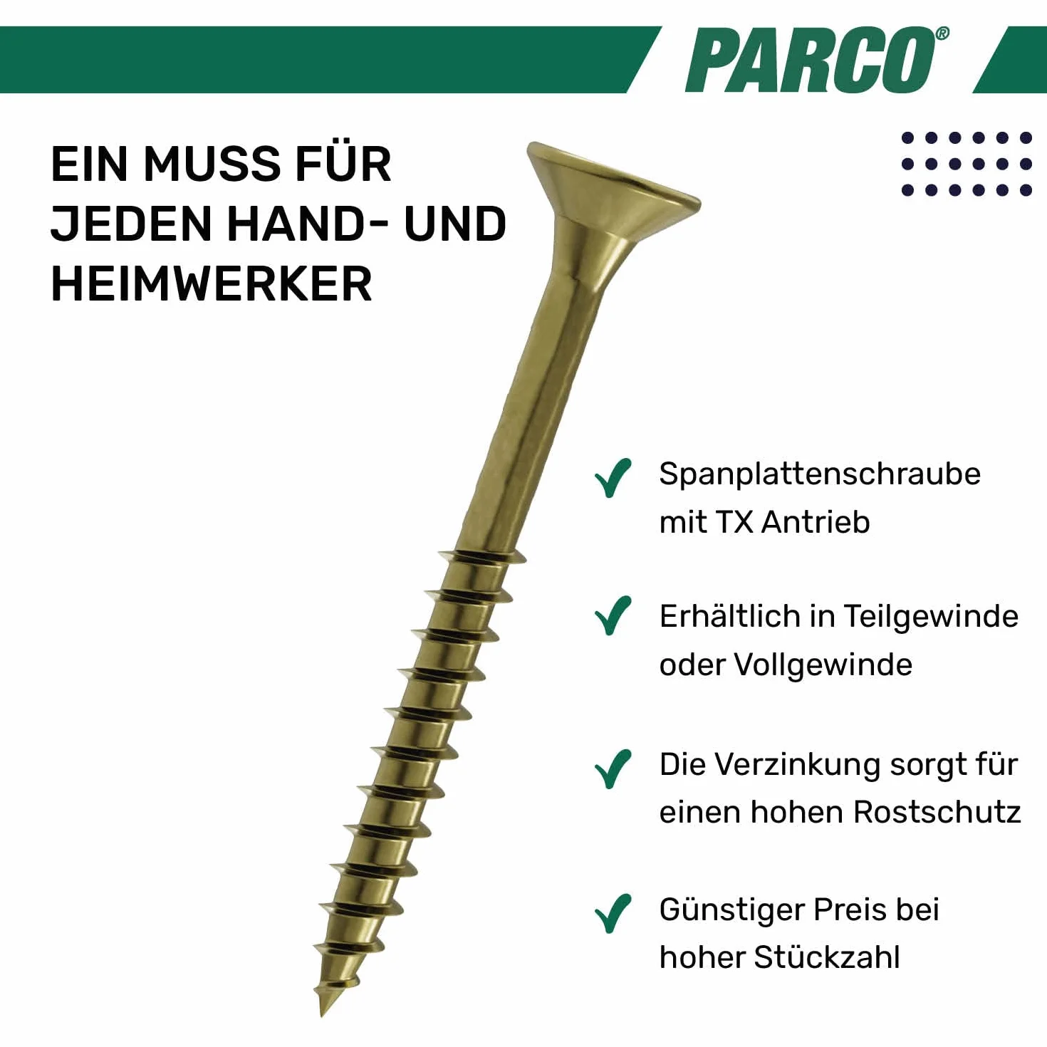 PARCO 10935x20 wkręty do płyt wiórowych z łbem stożkowym 3,5x20 mm, pełny gwint, ocynkowane na żółto, Torx, 1000 sztuk, 5 x 20 mm
