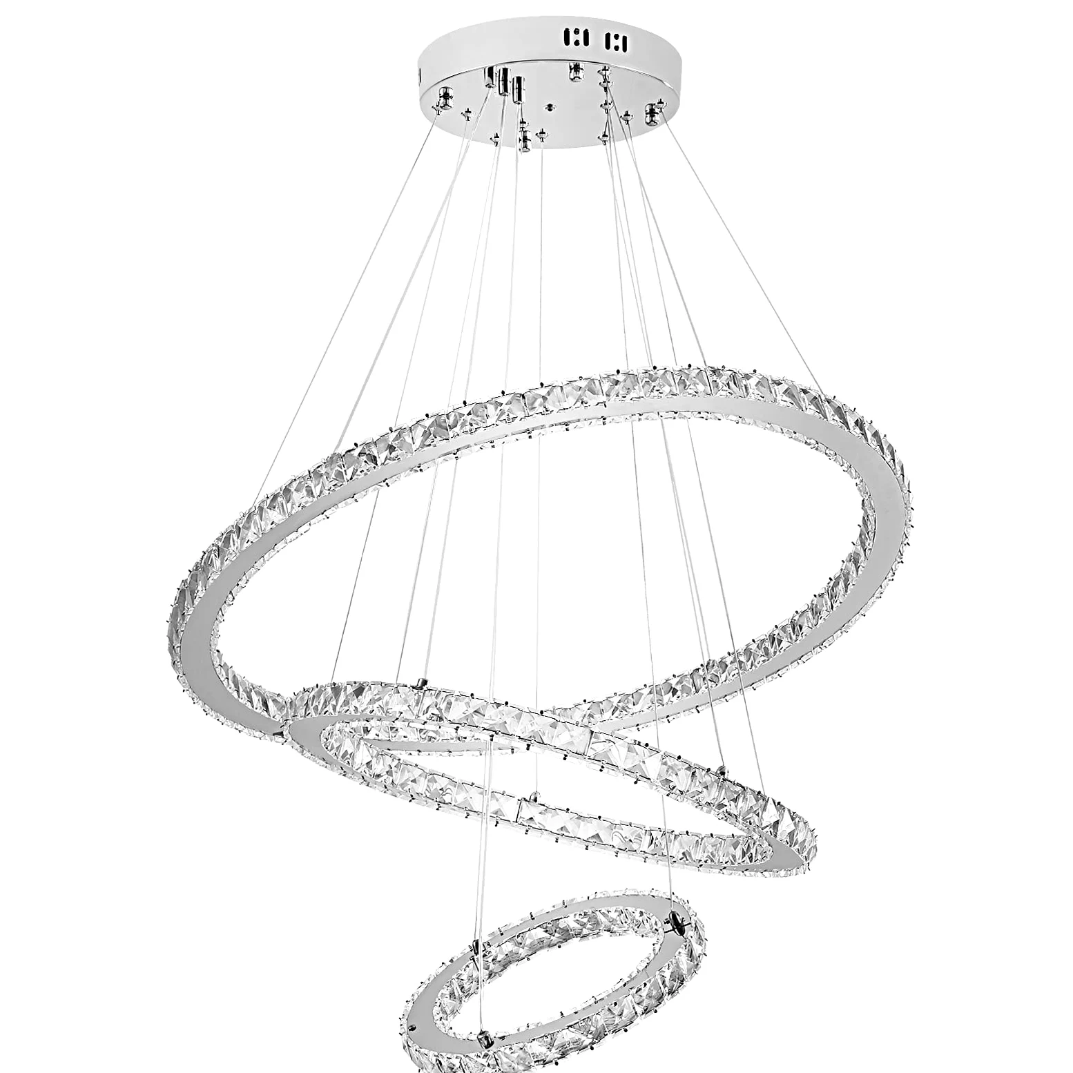 UISEBRT Lampa wisząca LED, 96 W, kryształowa – nowoczesna, kreatywna, z regulacją wysokości, żyrandol sufitowy, trzy pierścienie, do jadalni, sypialni, salonu, zimna biel