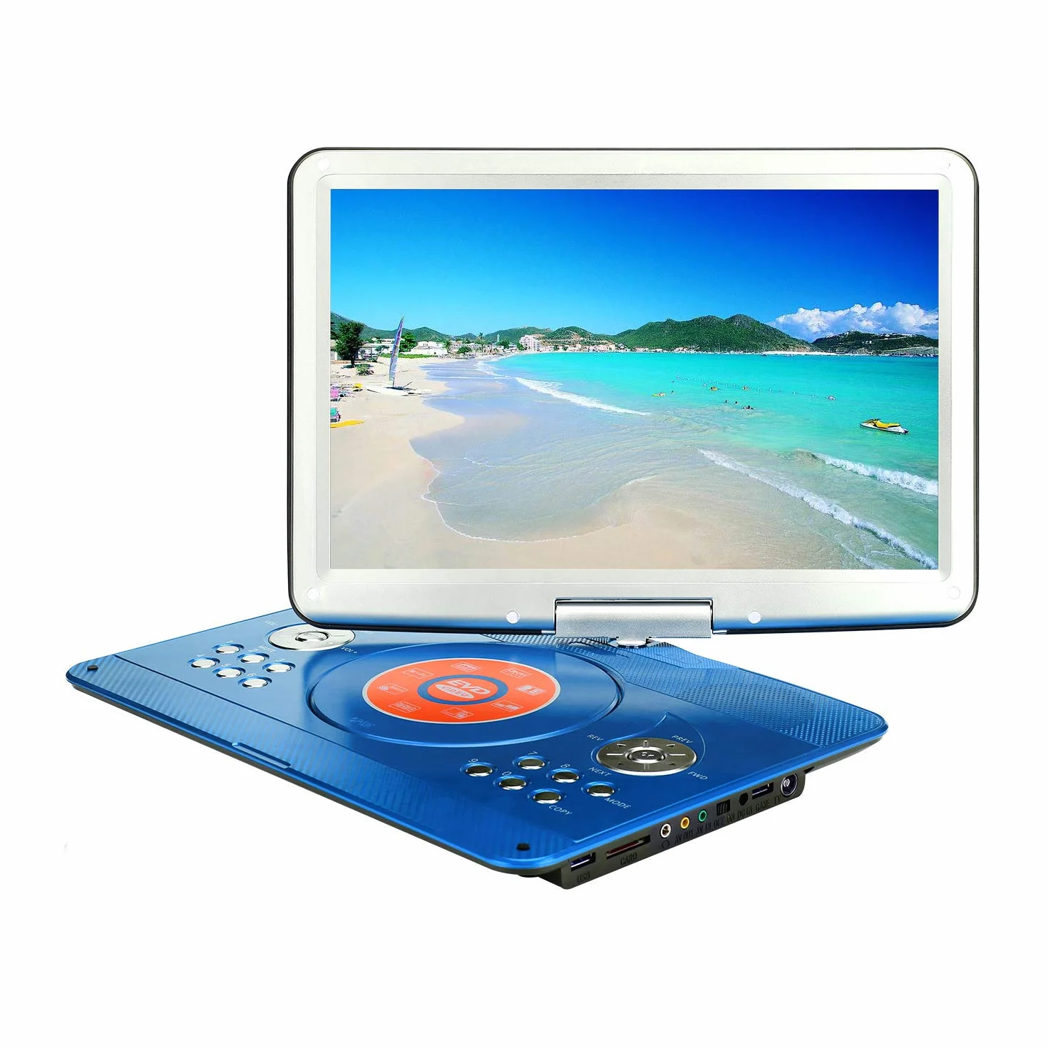 YOOHOO Przenośny Odtwarzacz DVD 16,9'' do Samochodu i Dzieci z Ekranem HD 14,0'', z Baterią 3500 mAh, Obsługuje Karty SD i USB, Niebieski