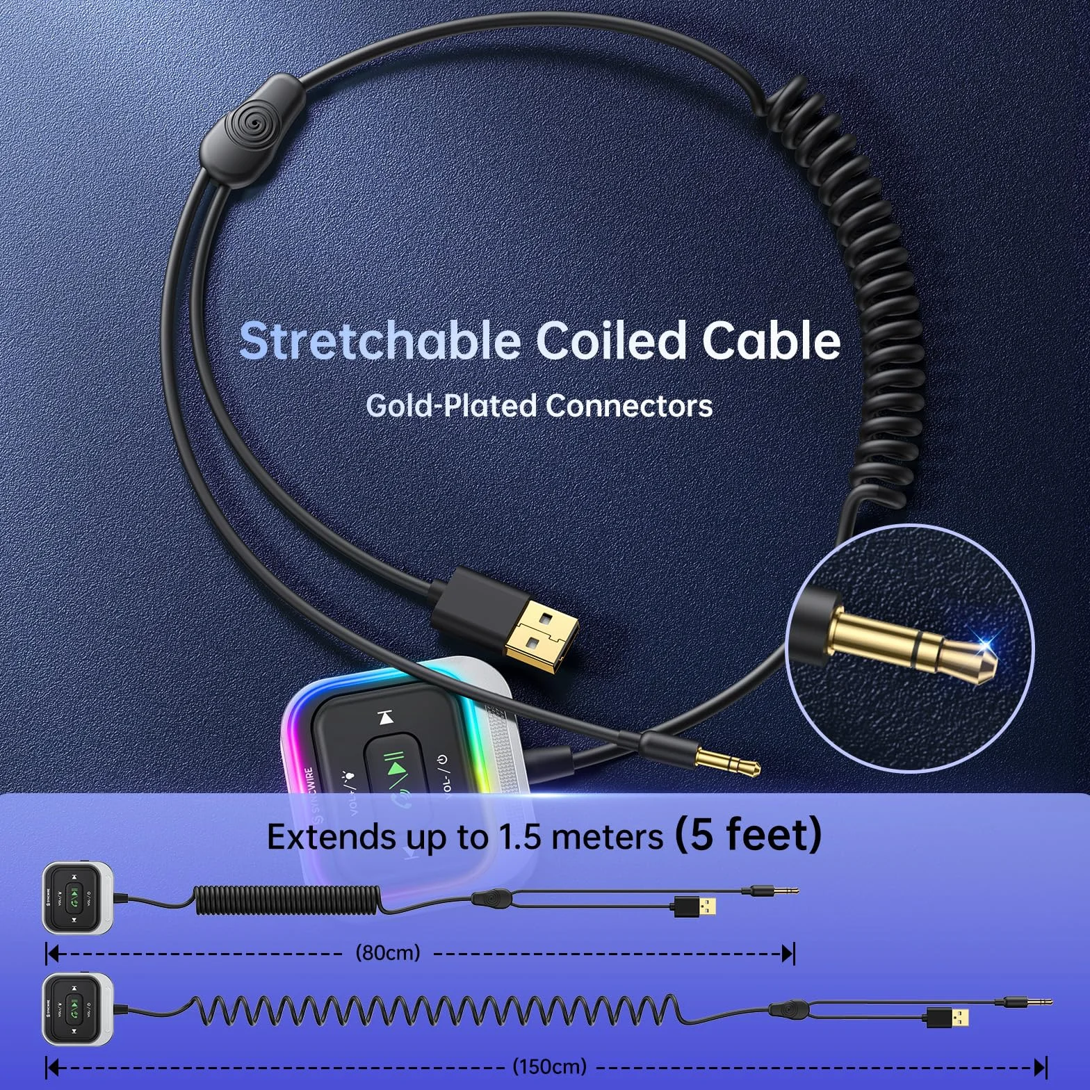 Syncwire Bluetooth 5.4 Adapter samochodowy z mikrofonem, Aux 3.5mm, zestaw odbiornika, kabel nawijany, głęboki bas HiFi