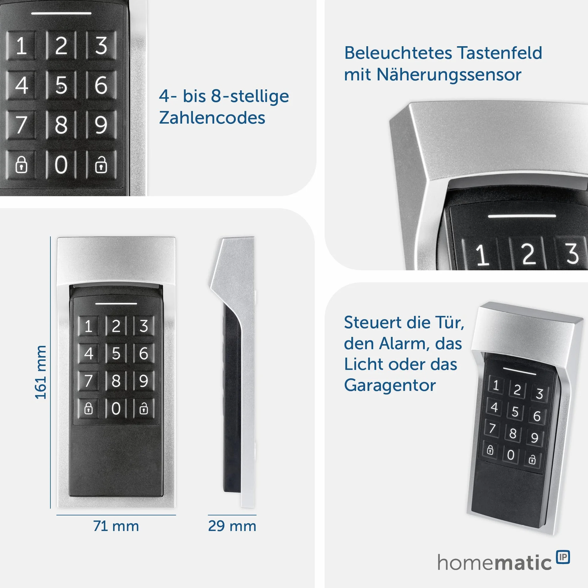 Homematic IP Smart Home Keypad, zamek szyfrowy do drzwi wejściowych z funkcją aplikacji, otwieranie i zamykanie za pomocą kodu numerycznego, rozszerzenie do napędu zamka drzwi Homematic IP 156424A0
