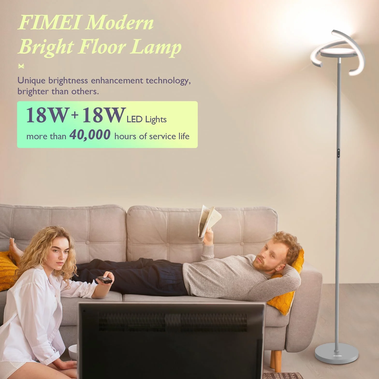 FIMEI Lampa podłogowa, 3000K-6000K Temperatura barwowa i ciągłe ściemnianie, z pilotem i sterowaniem dotykowym, lampa podłogowa Led do salonu, centralne światło w górę, 36 W, szara
