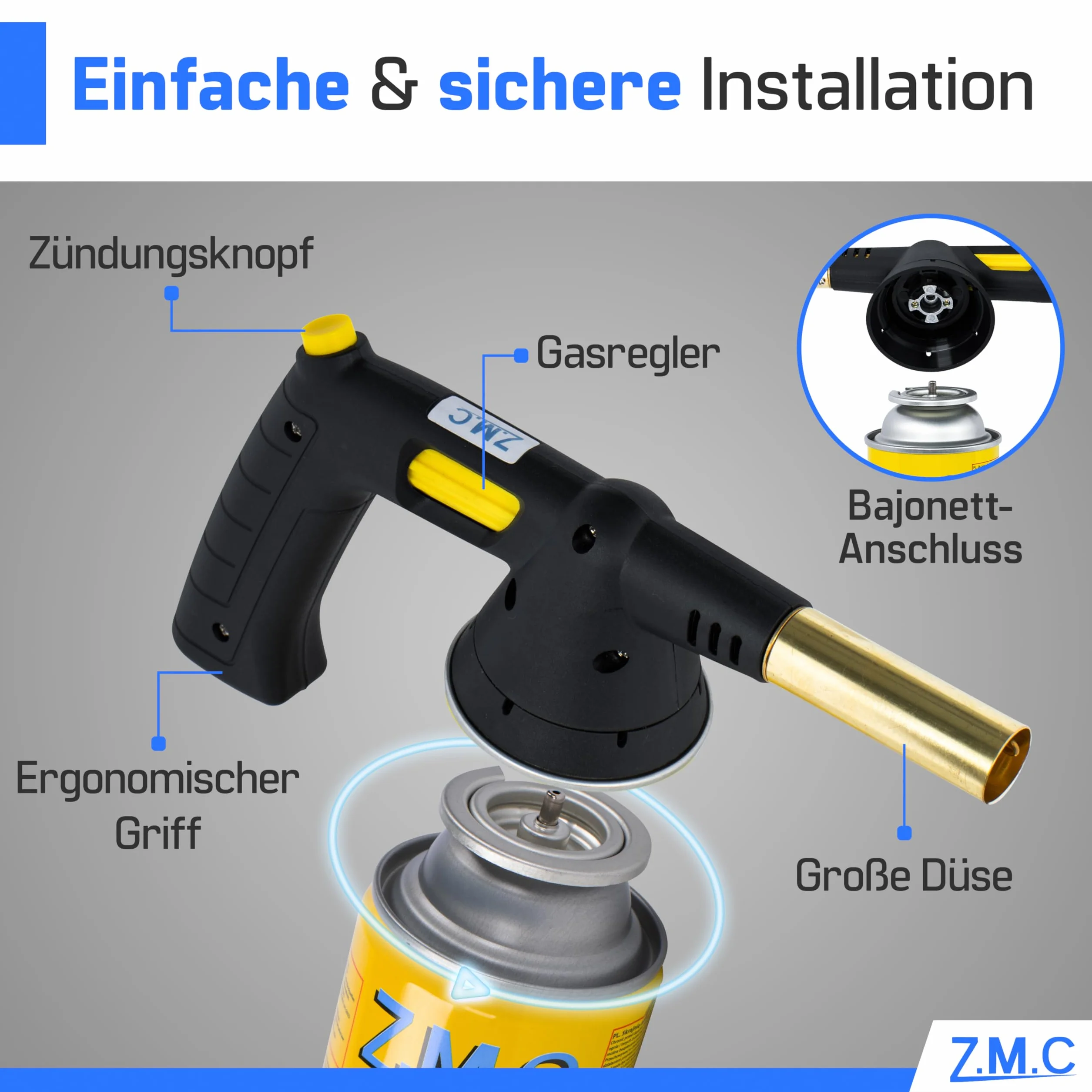 ZMC palnik do lutowania, zapalarka gazowa z zapłonem piezoelektrycznym + 4 x kartusze 227 g | nasadka Bunsena, palnik do flambira, zapalarka węgielka, lampa lutownicza
