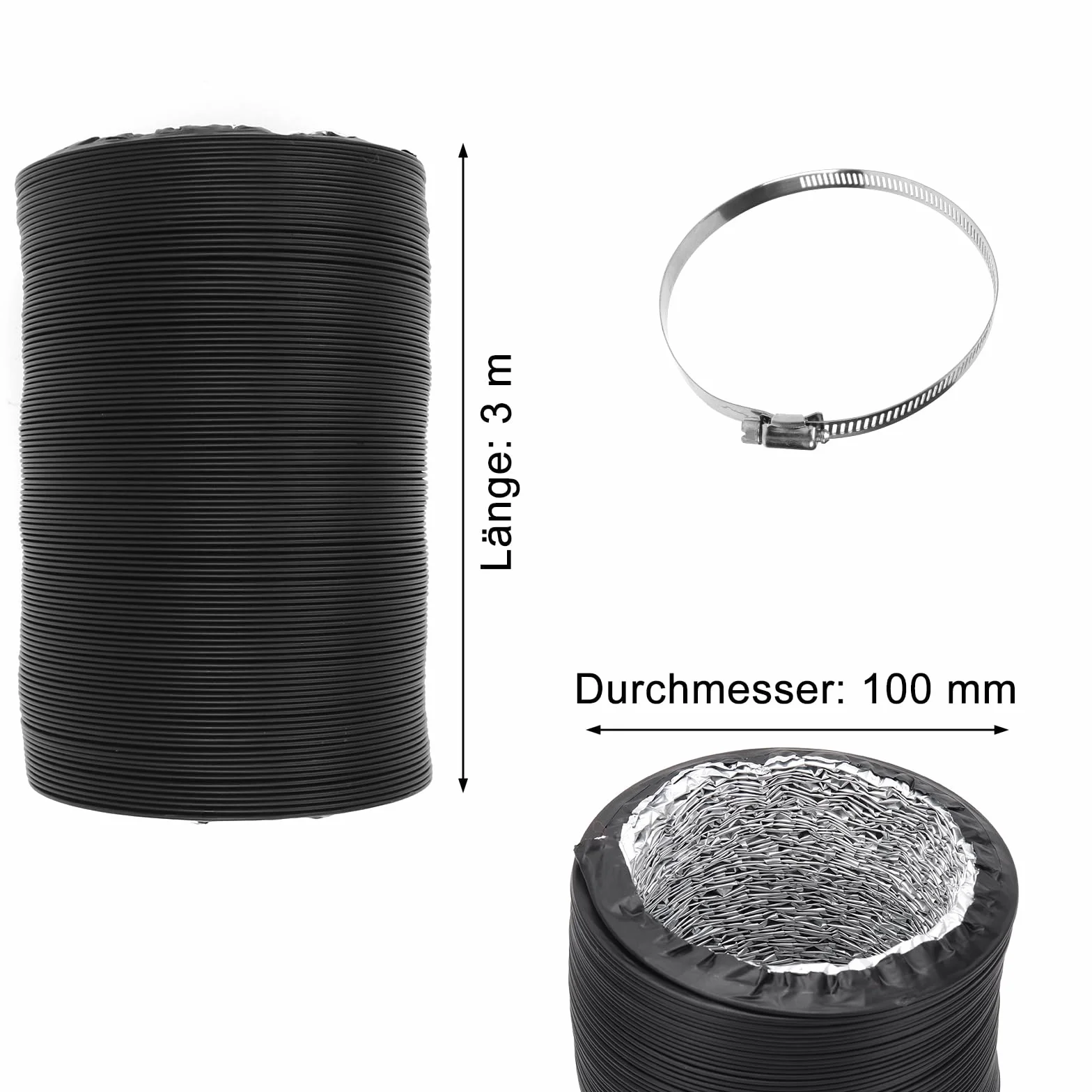 Wąż powietrza wylotowego 100 mm, 3 m, aluminiowy wąż wentylacyjny, rura wylotowa PCW, elastyczny wąż powietrza do przenośnych klimatyzatorów HVAC, suszarki, wentylatora wyciągowego, z 2