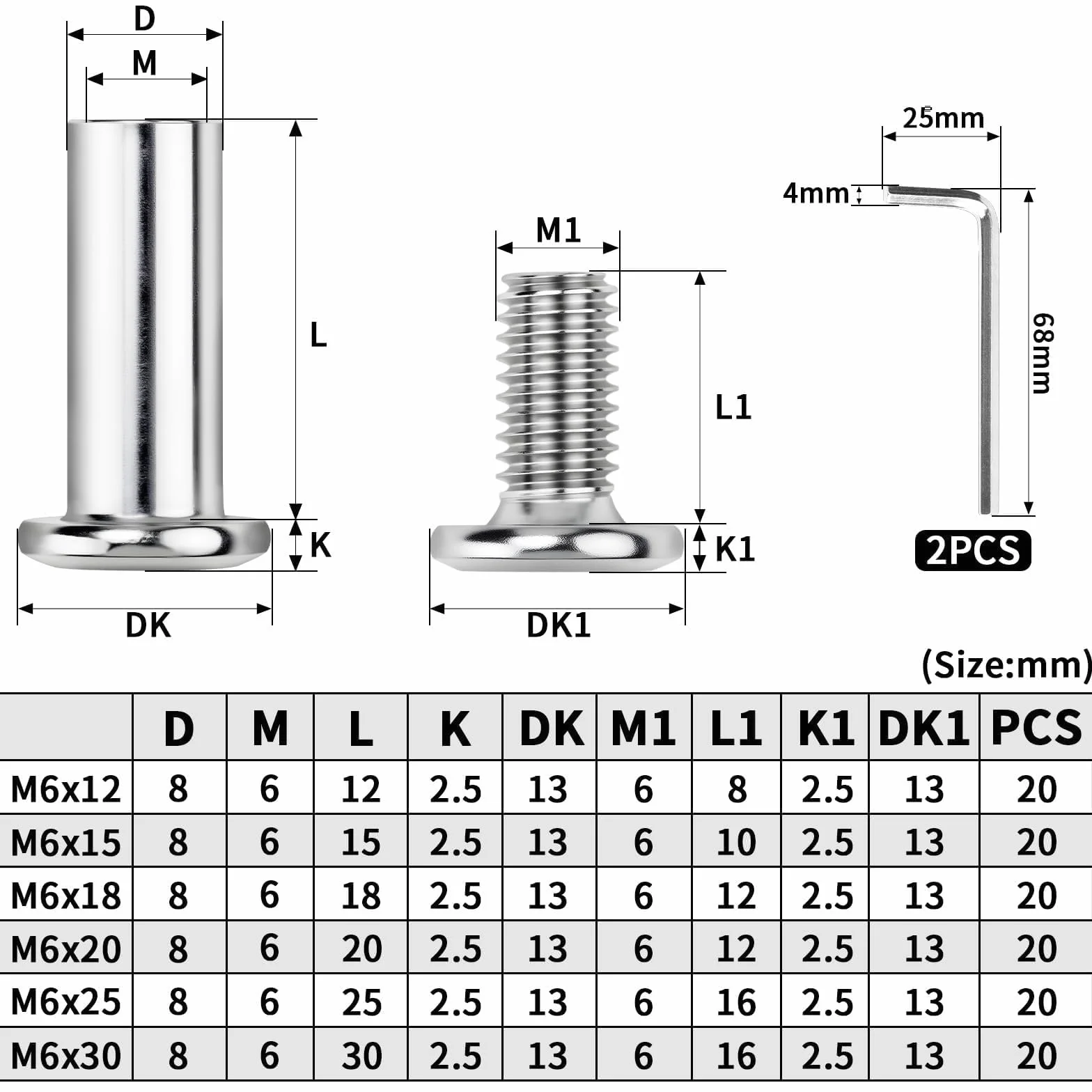 20 szt. Tulejki śrubowe M6x30mm, śruby tulejowe, śruby łączące, łączniki do szafek, śruby do połączeń mebli, tuleje gwintowane, tuleje śrubowe, śruby do mebli z tulejką do szafek, łączników, desek