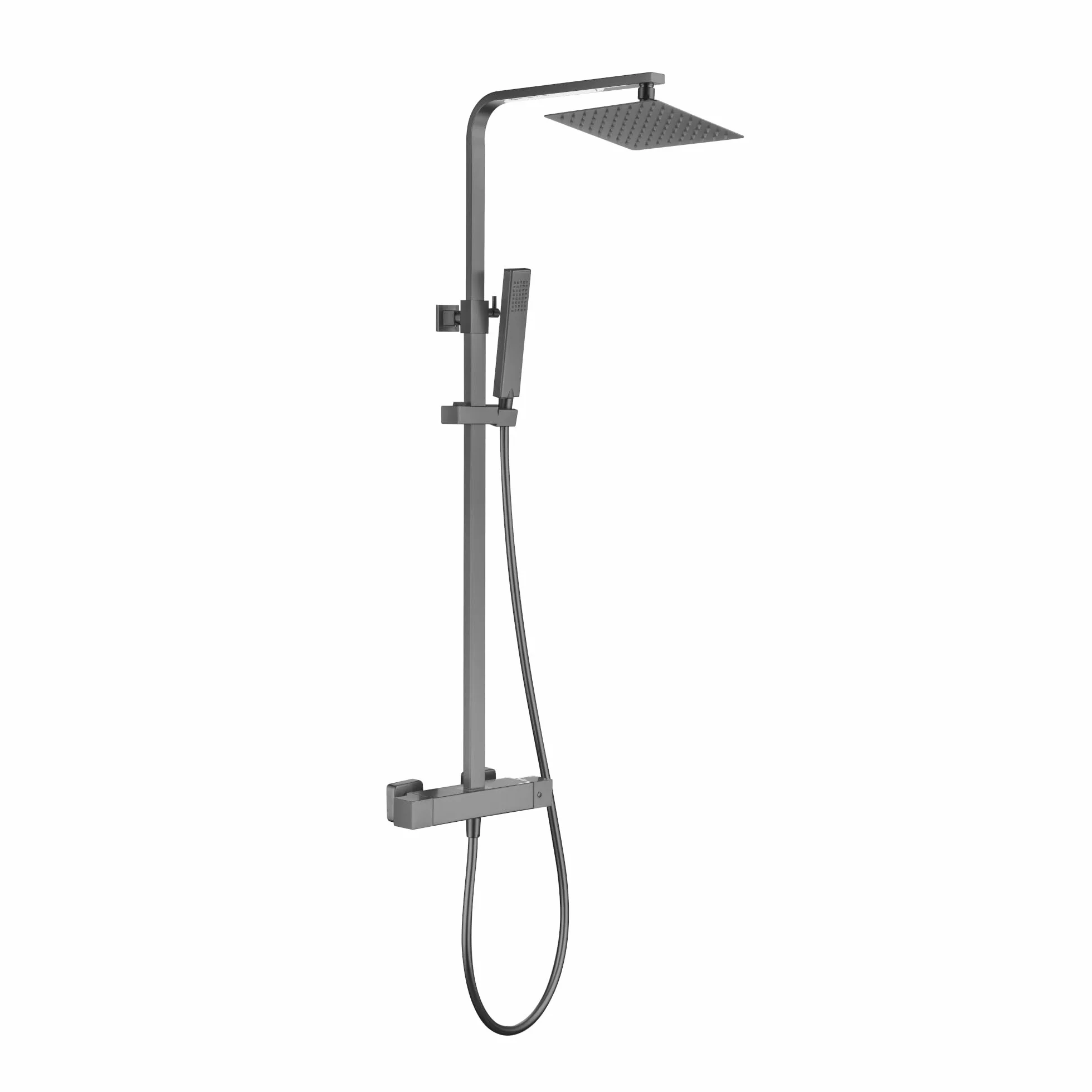 ENKI, ENZO, SH0623, czarny zestaw prysznicowy Gunmetal 38? Bateria prysznicowa termostatyczna z 200 mm ultracienkim prysznicem nad głową i prysznicem ręcznym, kwadratowy system prysznicowy, 10-letnia